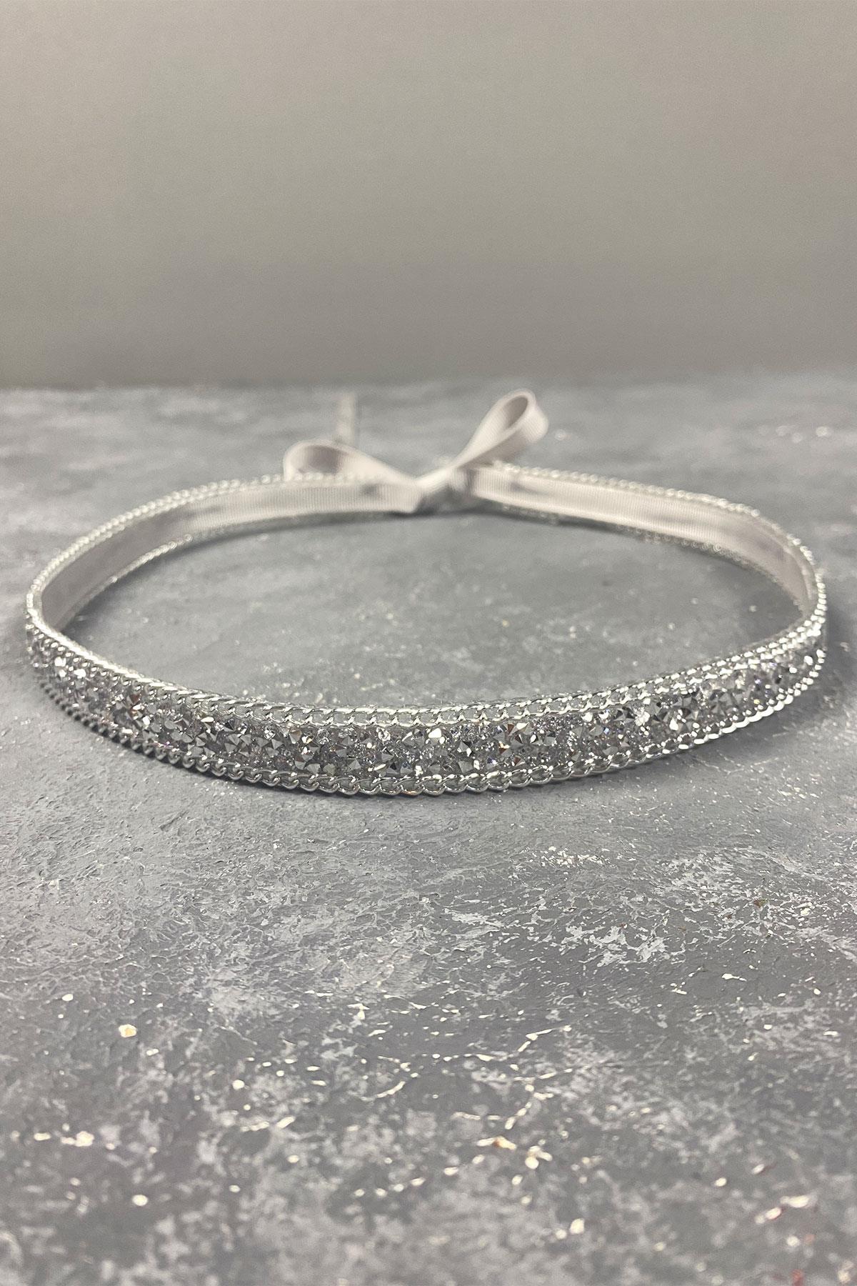 Gümüş Renk Parlak Boncuk İşlemeli Abiye Elbise Kemeri Bel Aksesuarı