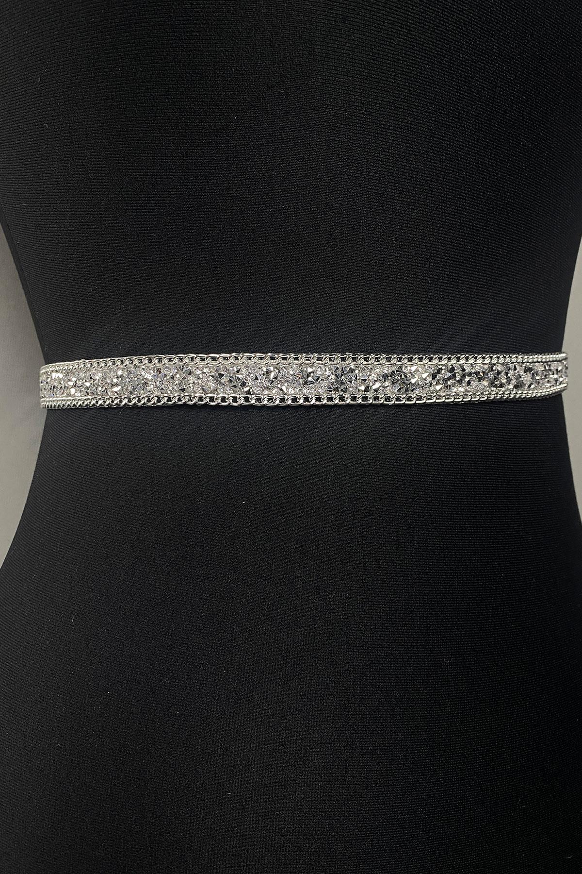 Gümüş Renk Parlak Boncuk İşlemeli Abiye Elbise Kemeri Bel Aksesuarı