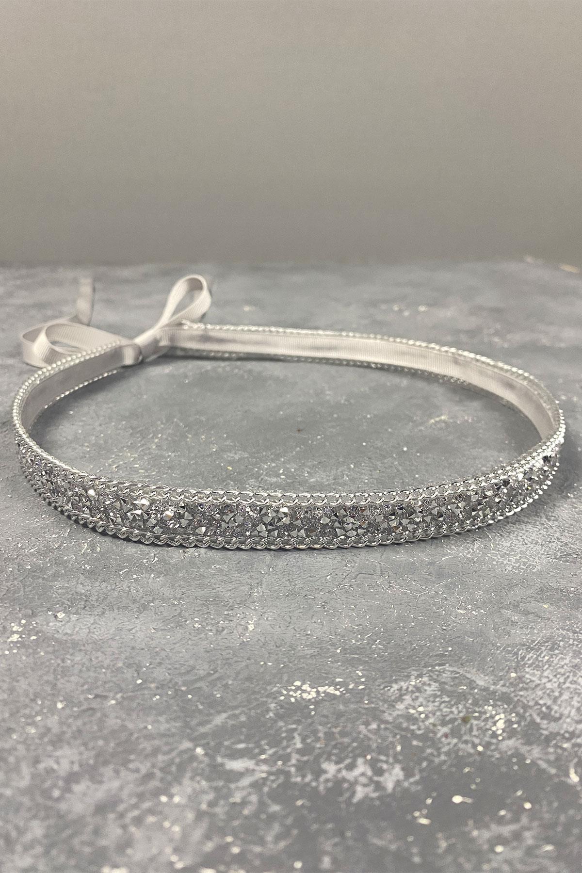 Gümüş Renk Parlak Boncuk İşlemeli Abiye Elbise Kemeri Bel Aksesuarı