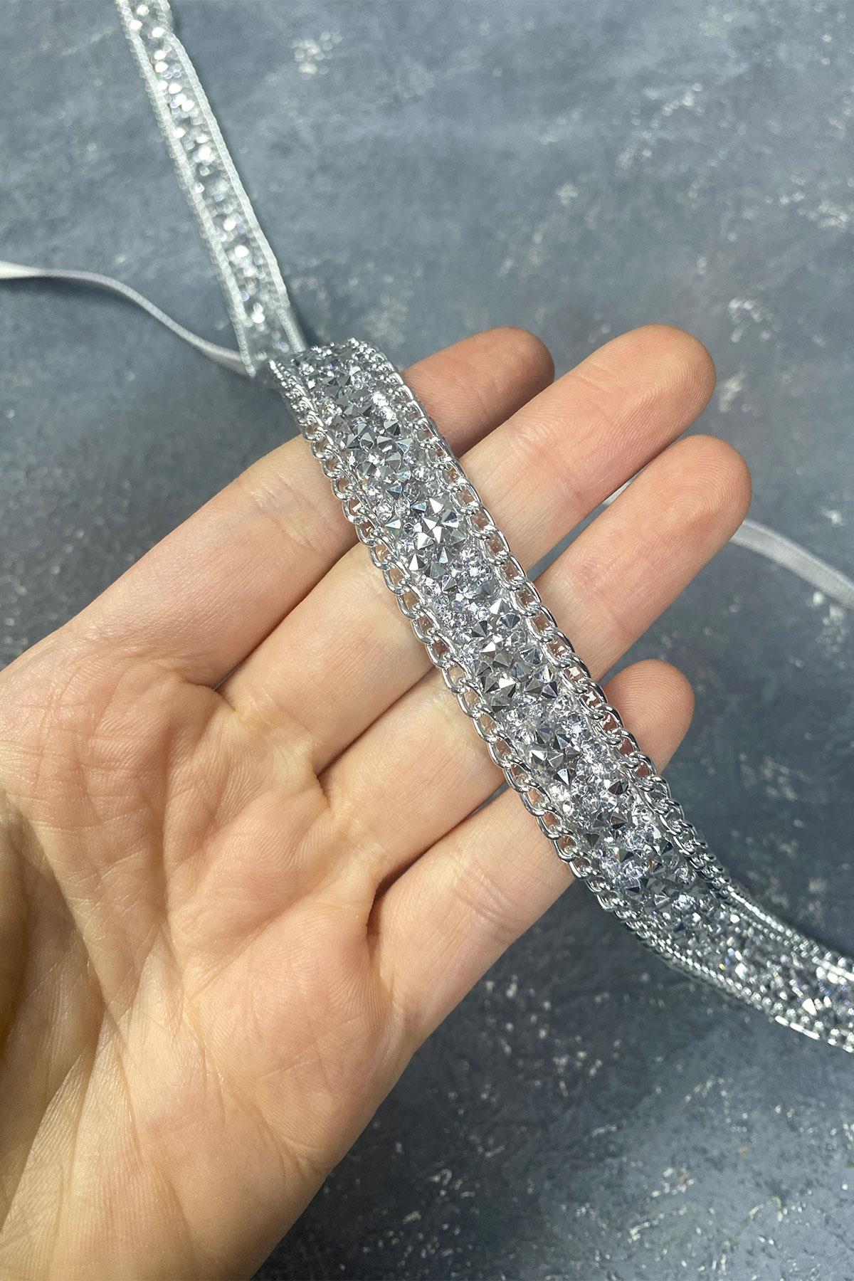 Gümüş Renk Parlak Boncuk İşlemeli Abiye Elbise Kemeri Bel Aksesuarı