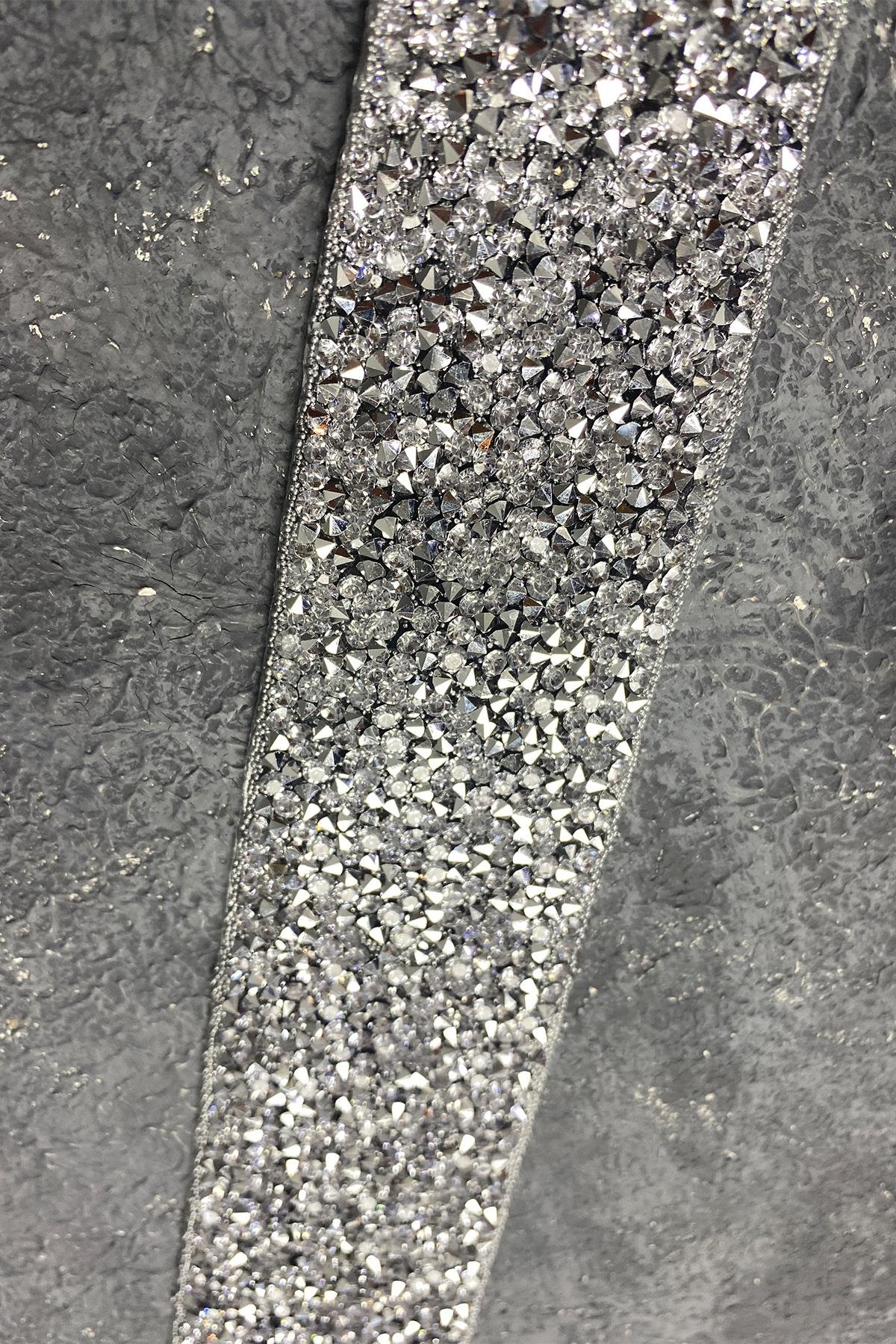 Gümüş Sık Parlak Boncuk İşlemeli Taşlı Abiye Elbise Bel Kemeri