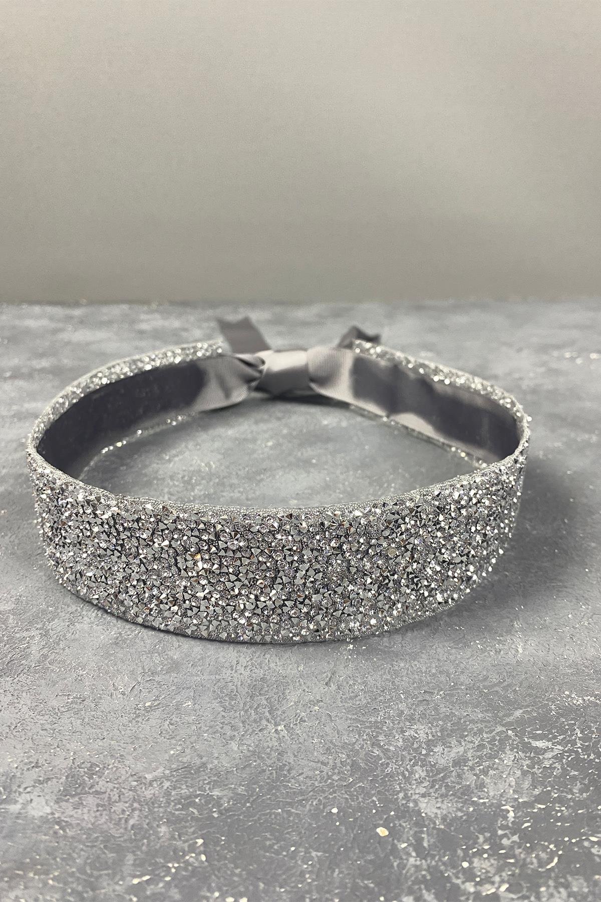 Gümüş Sık Parlak Boncuk İşlemeli Taşlı Abiye Elbise Bel Kemeri