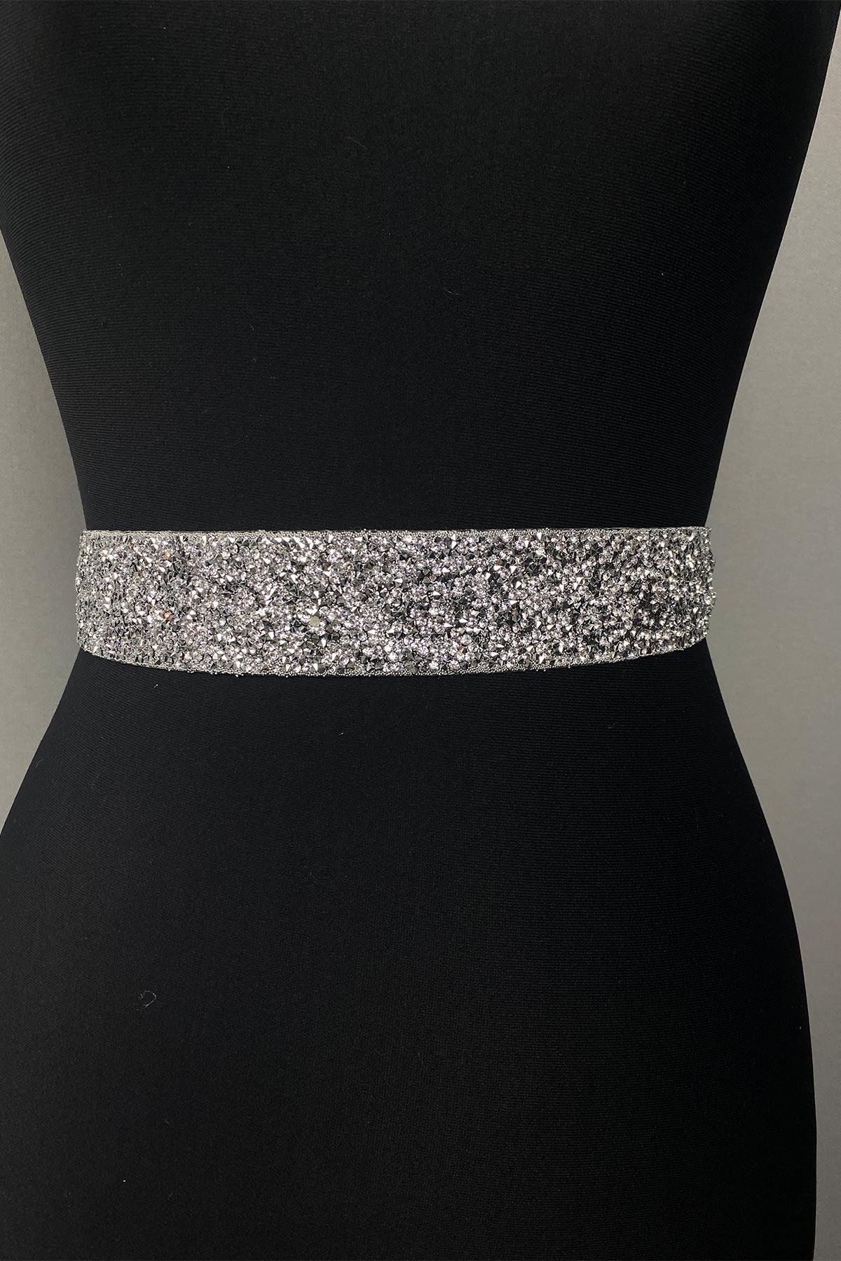 Gümüş Sık Parlak Boncuk İşlemeli Taşlı Abiye Elbise Bel Kemeri