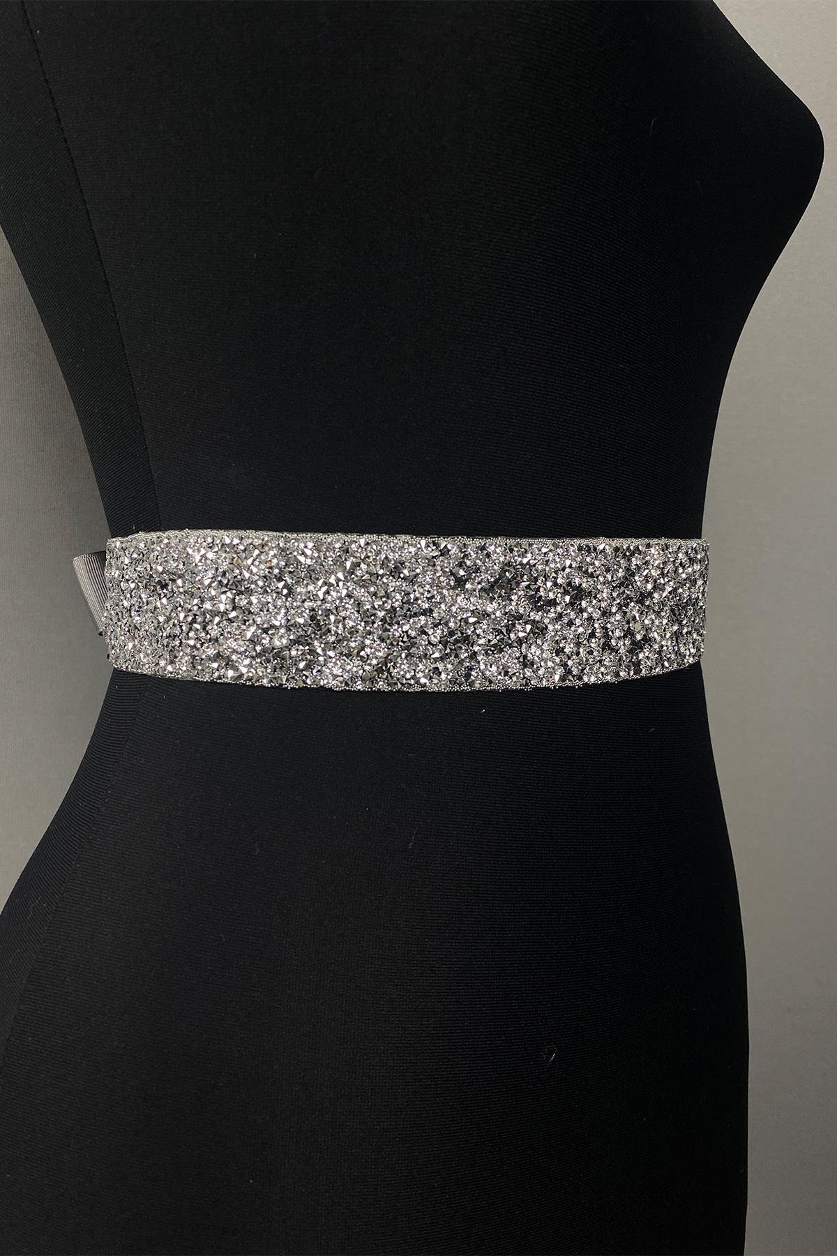 Gümüş Sık Parlak Boncuk İşlemeli Taşlı Abiye Elbise Bel Kemeri