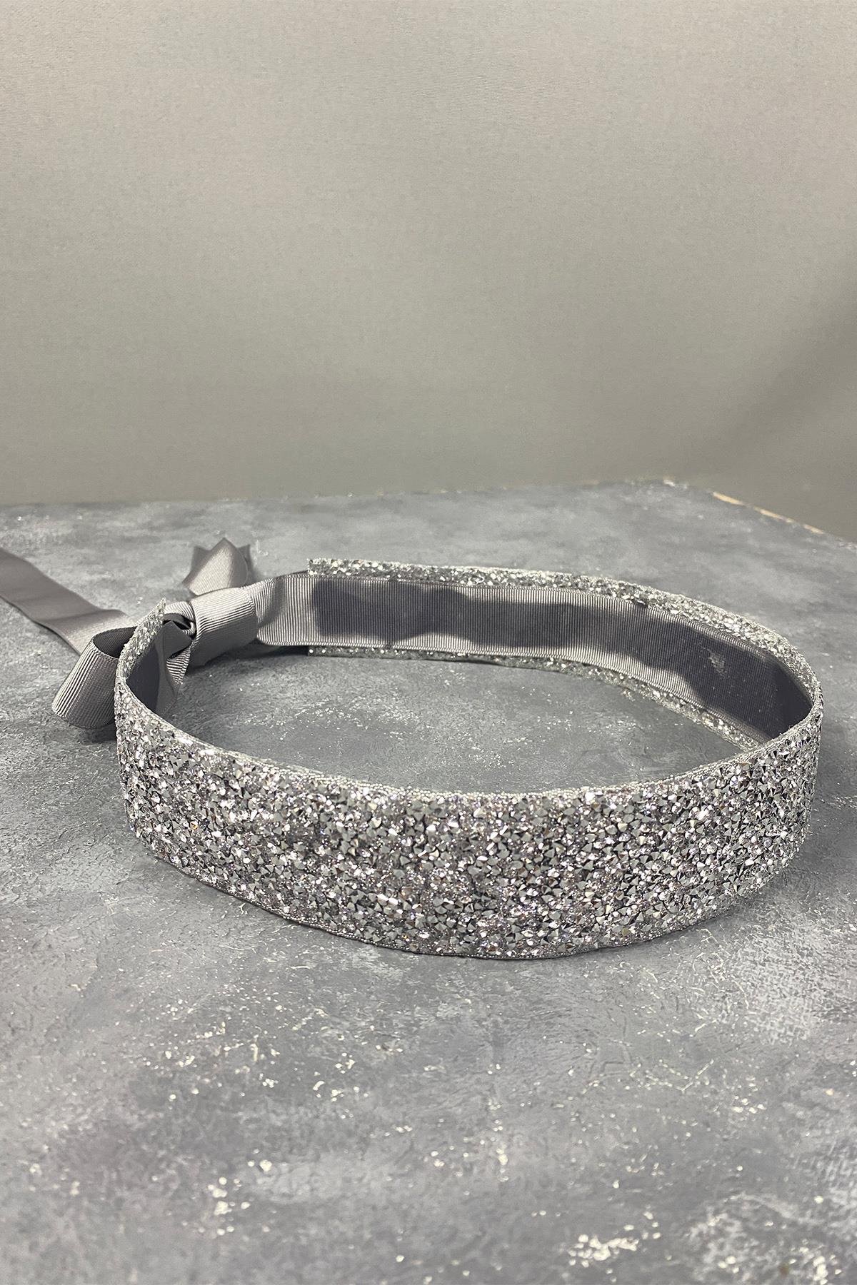 Gümüş Sık Parlak Boncuk İşlemeli Taşlı Abiye Elbise Bel Kemeri