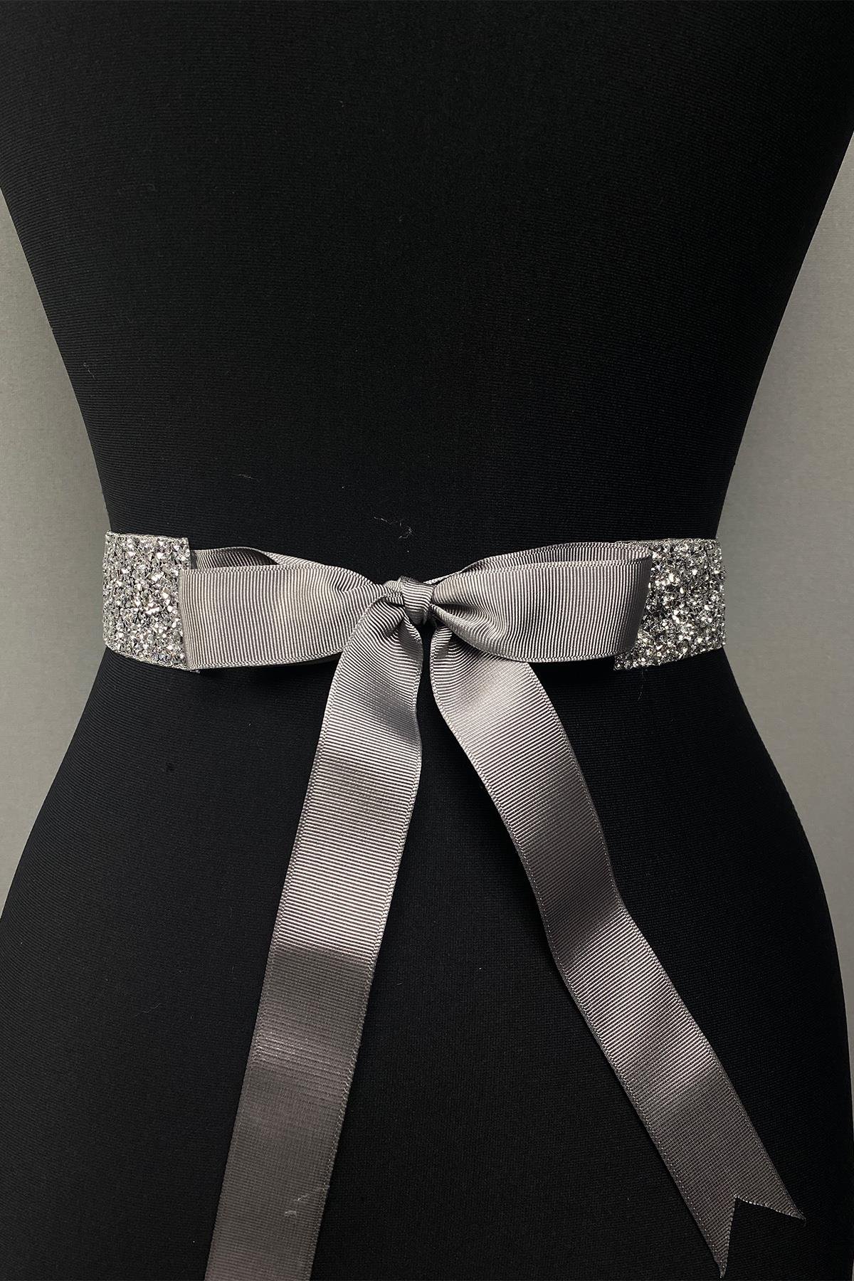 Gümüş Sık Parlak Boncuk İşlemeli Taşlı Abiye Elbise Bel Kemeri