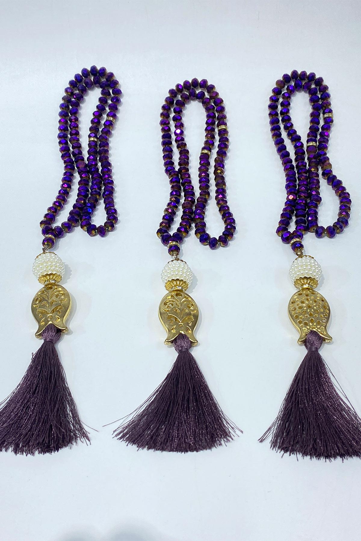 Hediyelik Laleli Püsküllü Kristal Boncuklu 99 Lu Namaz Tesbihi ( Mevlüt-sünnet-hac-umre)