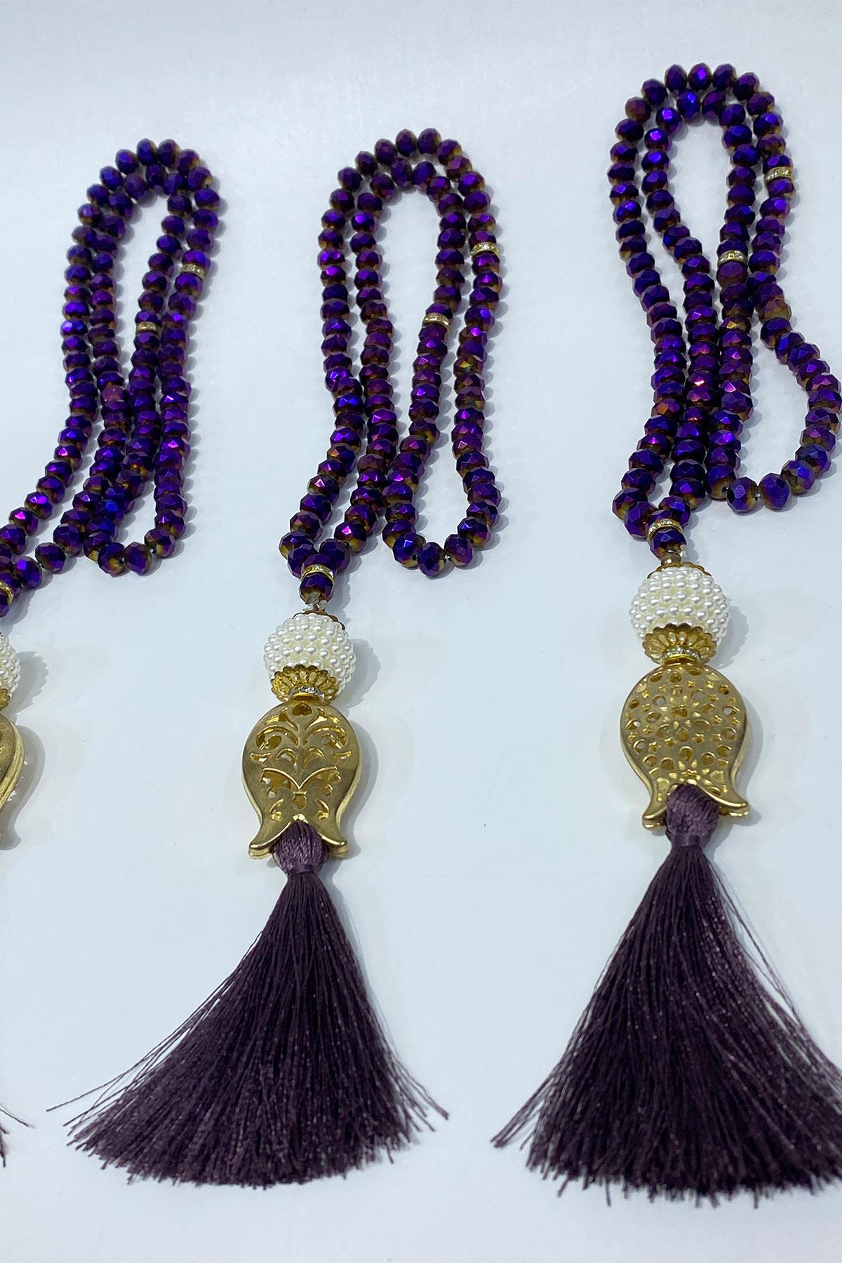 Hediyelik Laleli Püsküllü Kristal Boncuklu 99 Lu Namaz Tesbihi ( Mevlüt-sünnet-hac-umre)