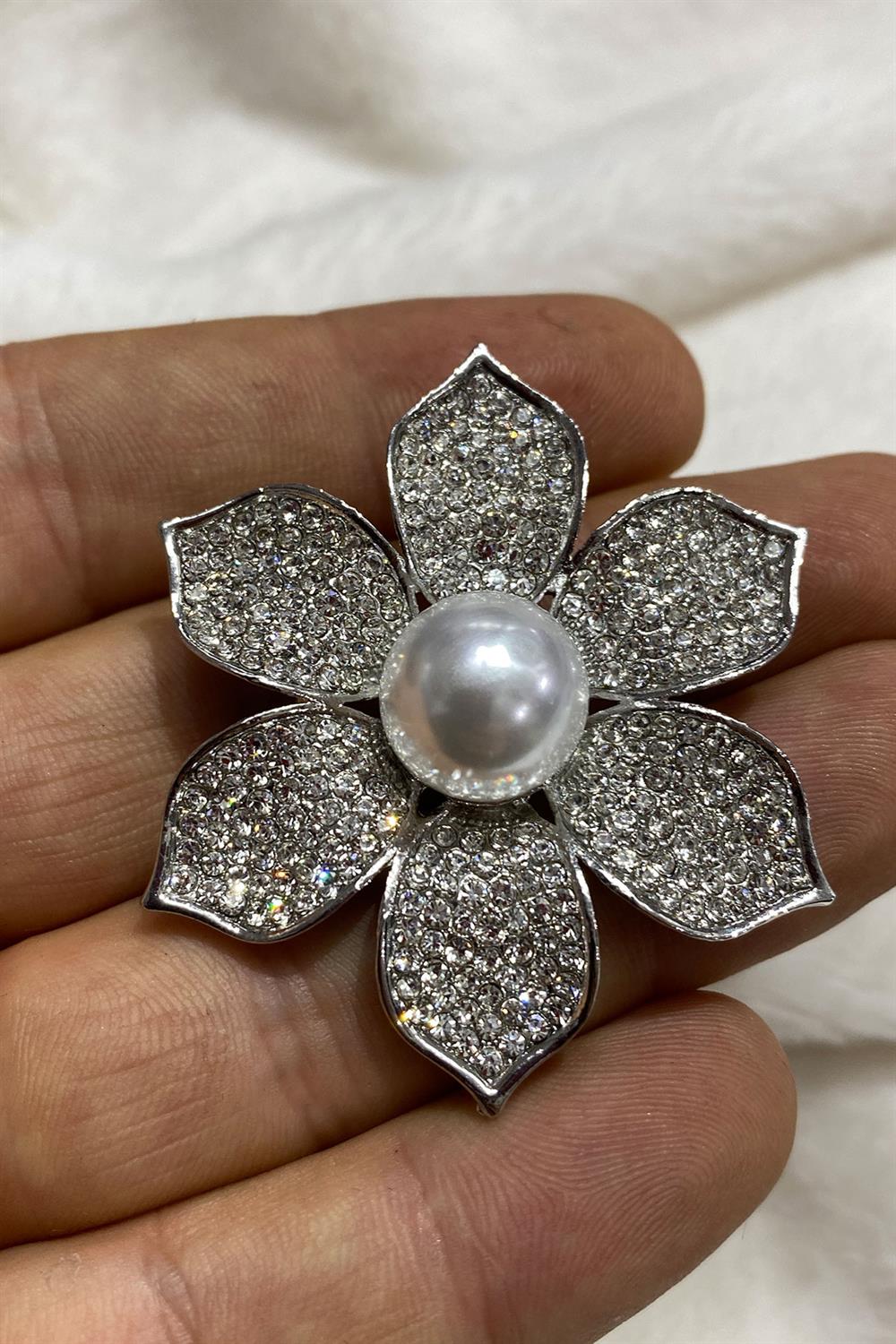 İncili Çiçek Taşlı Elbise Broşu Yaka İğnesi