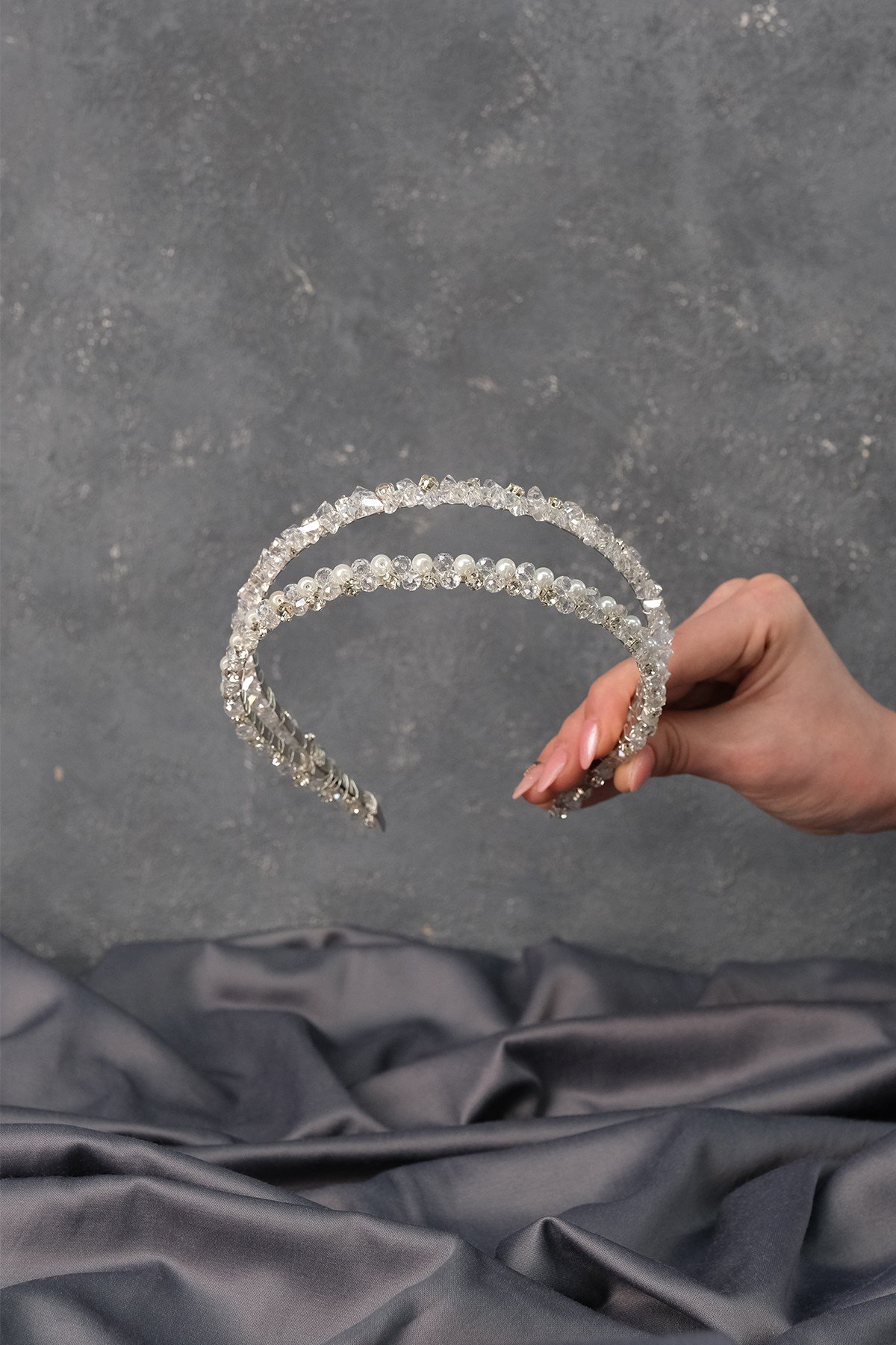 İncili Özel Tasarım Çift Sıralı Gelin Tacı