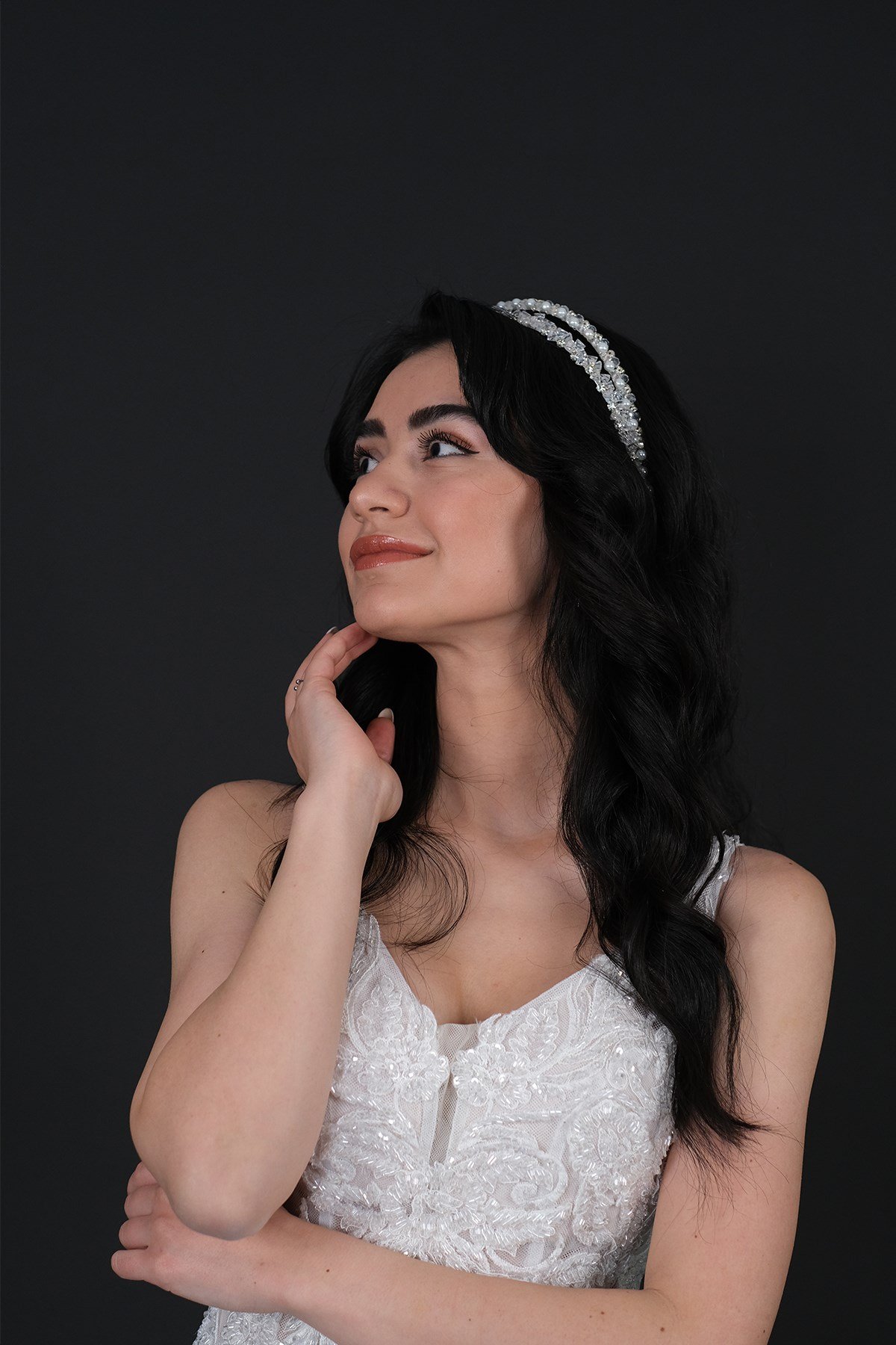 İncili Özel Tasarım Çift Sıralı Gelin Tacı