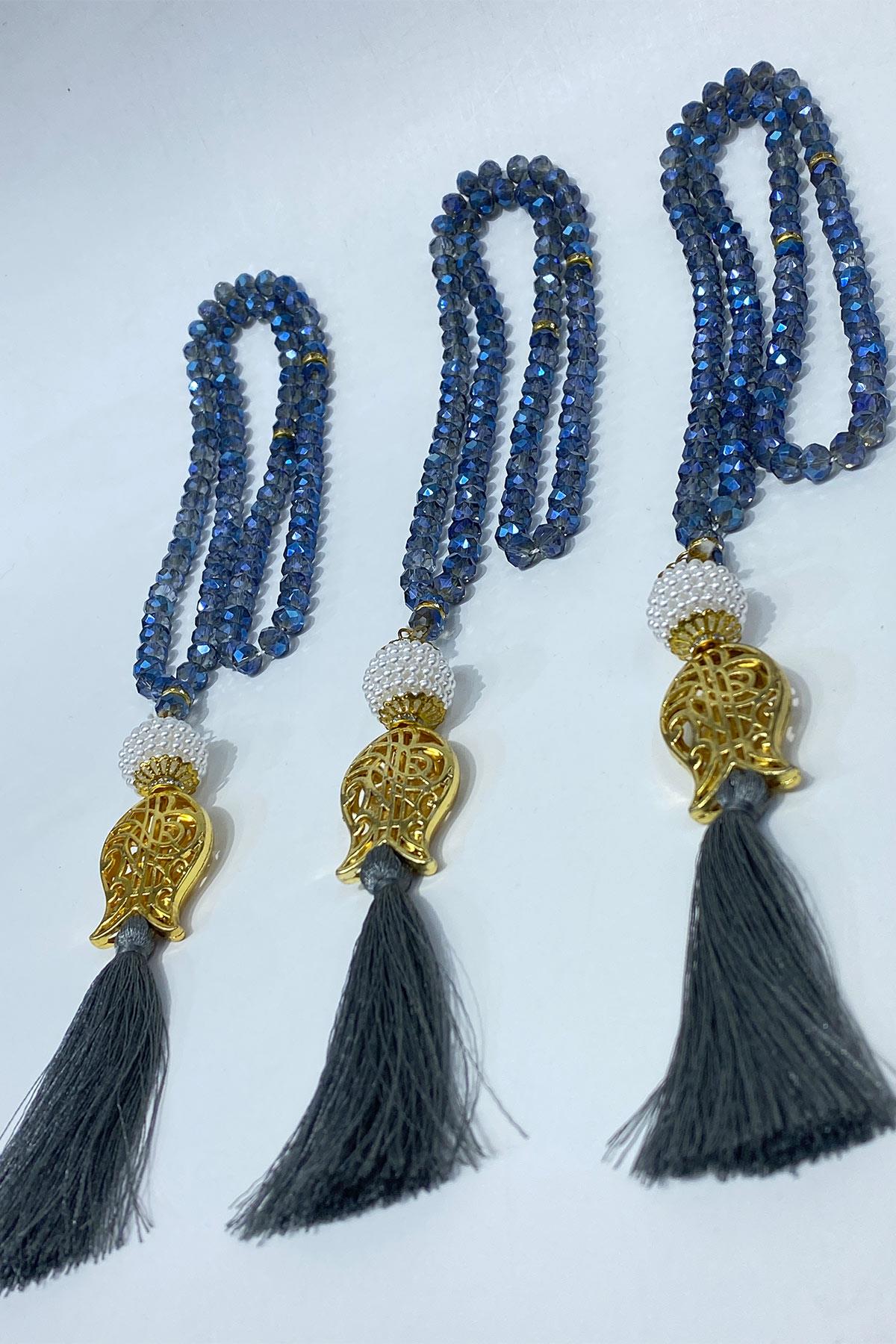 İndigo Mavi Hediyelik Laleli Püsküllü Kristal Boncuklu 99 Lu Namaz Tesbihi ( Mevlüt-sünnet-hac-umre)