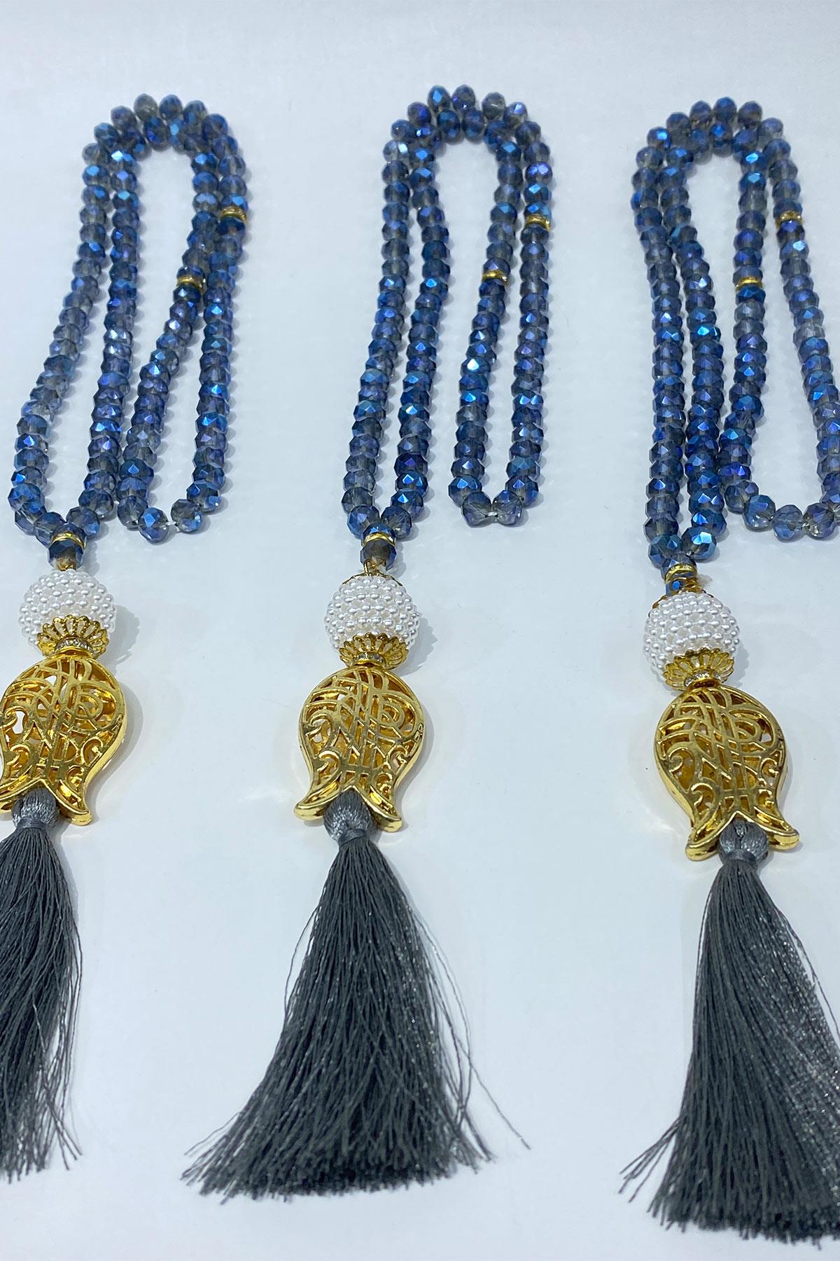 İndigo Mavi Hediyelik Laleli Püsküllü Kristal Boncuklu 99 Lu Namaz Tesbihi ( Mevlüt-sünnet-hac-umre)