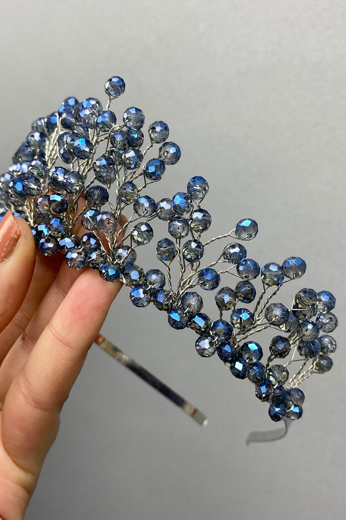 İndigo Mavi Kristal Boncuklu Aren Gelin ve Kına Tacı