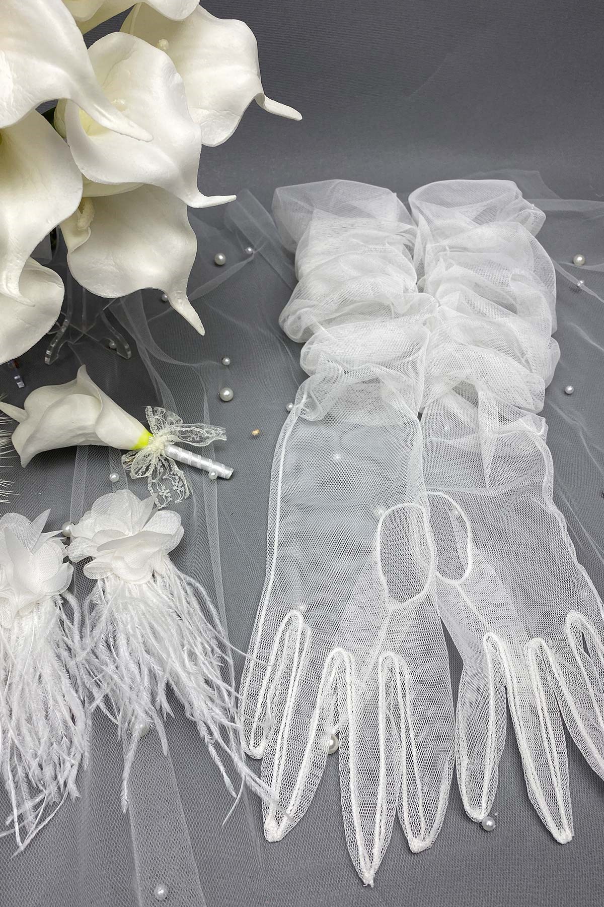 Islak Gala Gelin Nikah Çiçeği,Nikah Şapkası ve Gelin Eldiveni Seti