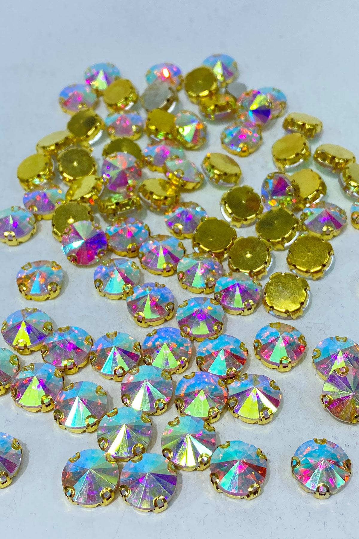 Janjanlı Gold Yuvarlak Kasalı Dikme Cam Taş Kristal Boncuk 10 Adet