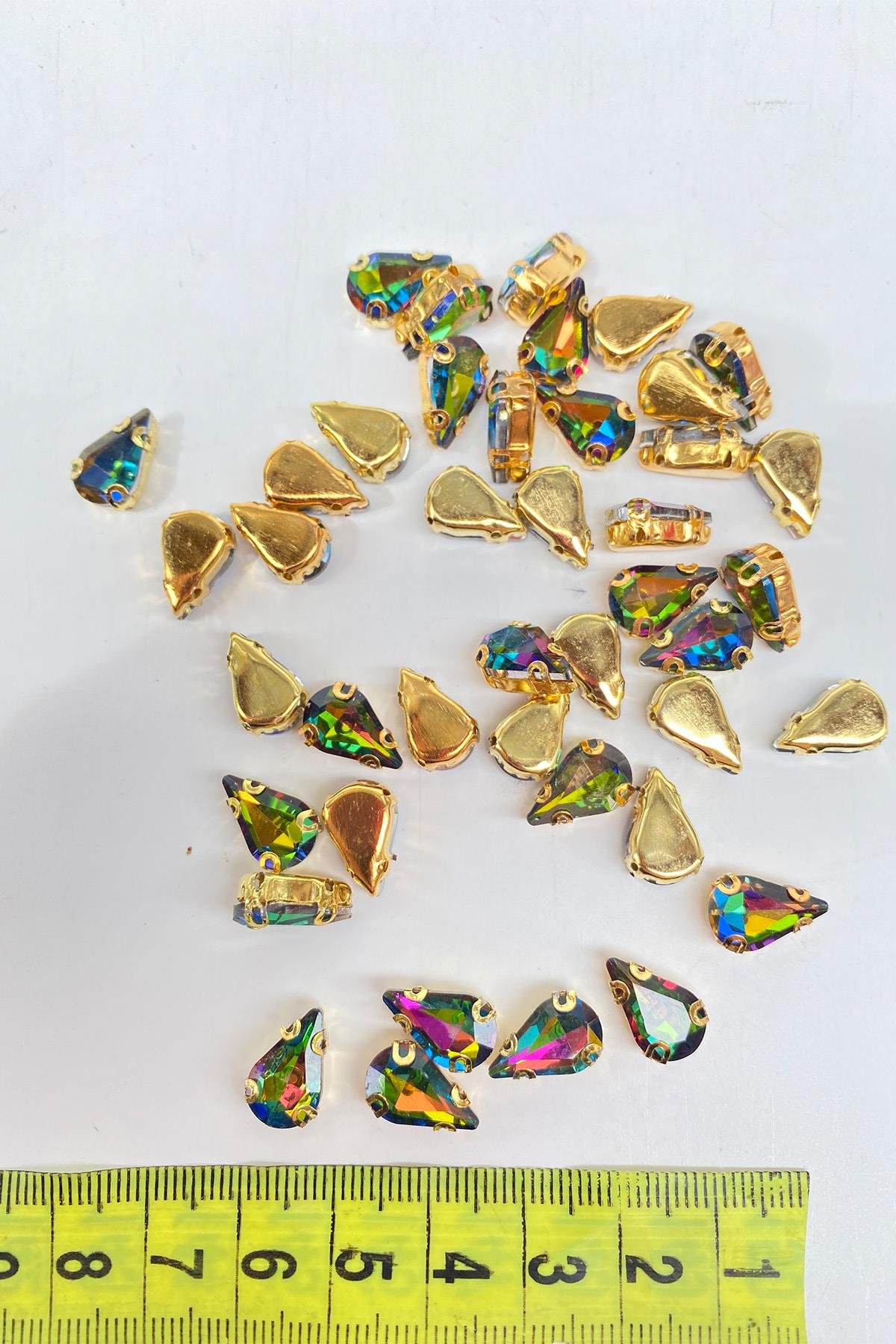 Janjanlı Şeffaf Gold Zeminli Dikme Parlak Cam Damla Boncuk 10 Adet