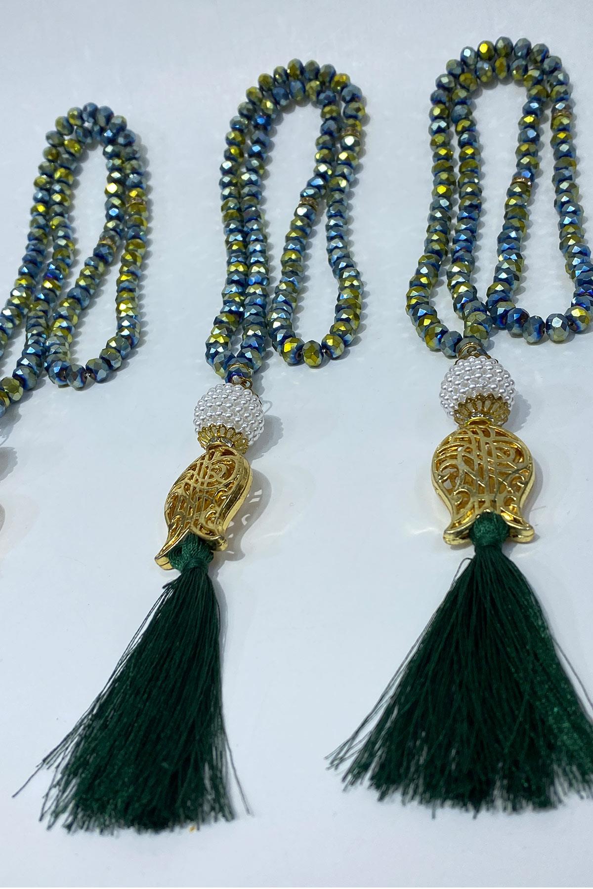 Janjanlı Yeşil Hediyelik Laleli Püsküllü Kristal Boncuklu 99 Lu Namaz Tesbihi ( Mevlüt-sünnet-hac-umre)