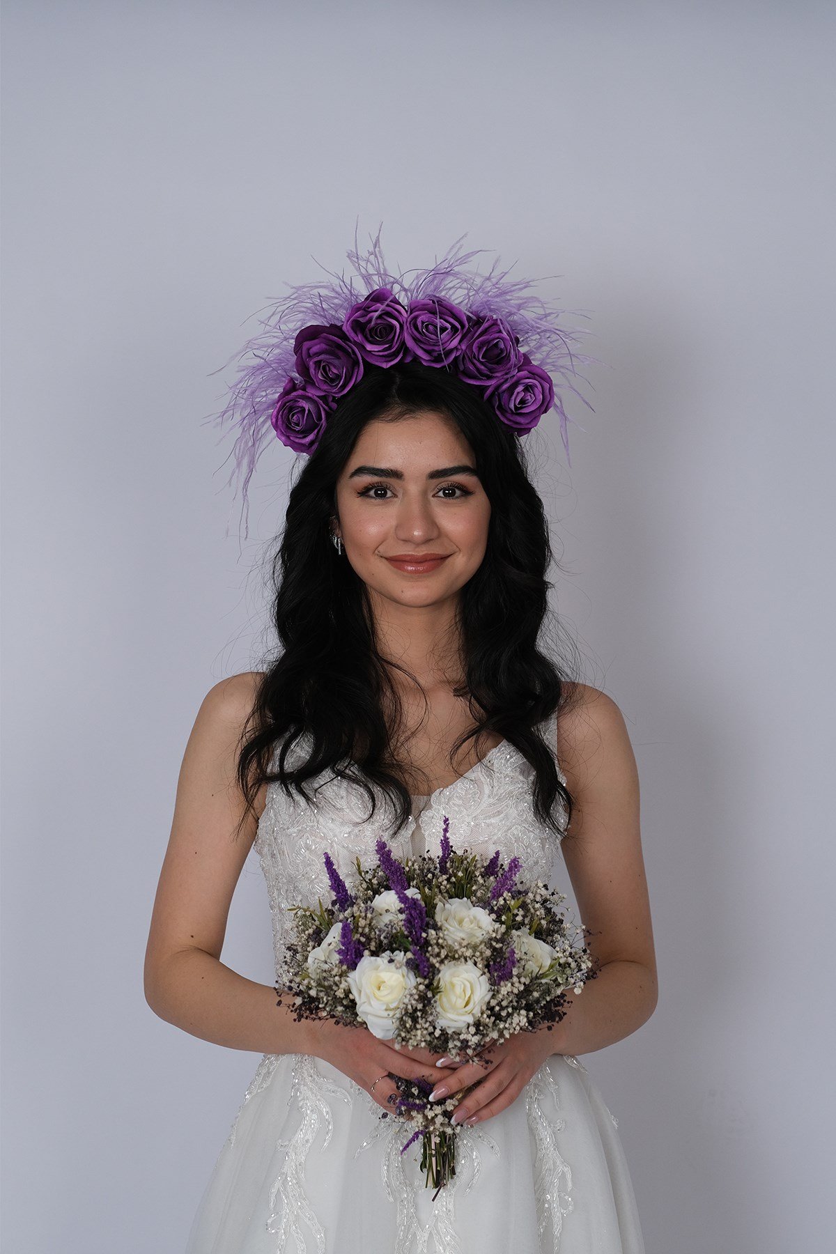 Kadife Güllü Tüylü Tasarım Gelin Kına Tacı