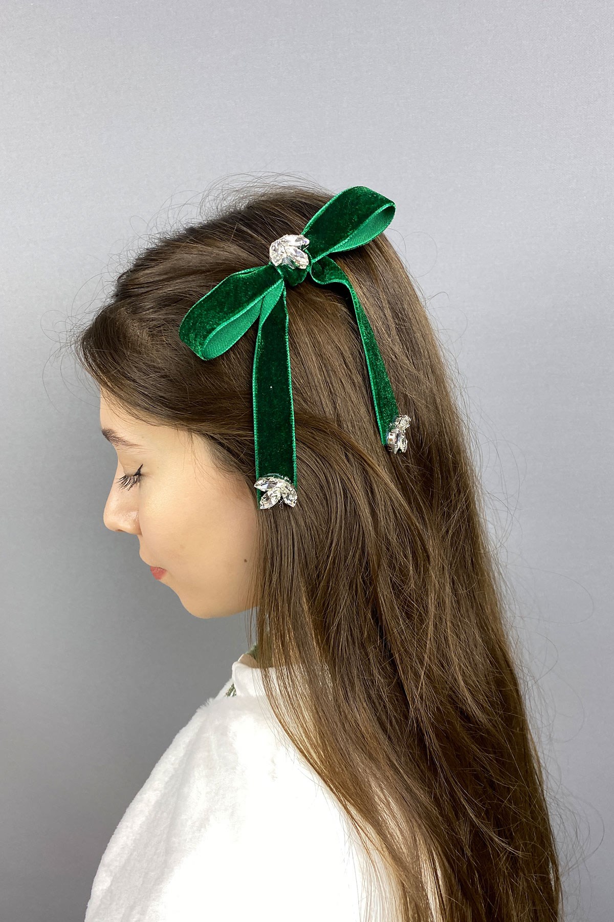 Kadife Kurdeleli Taşlı Fiyonklu Saç Tokası