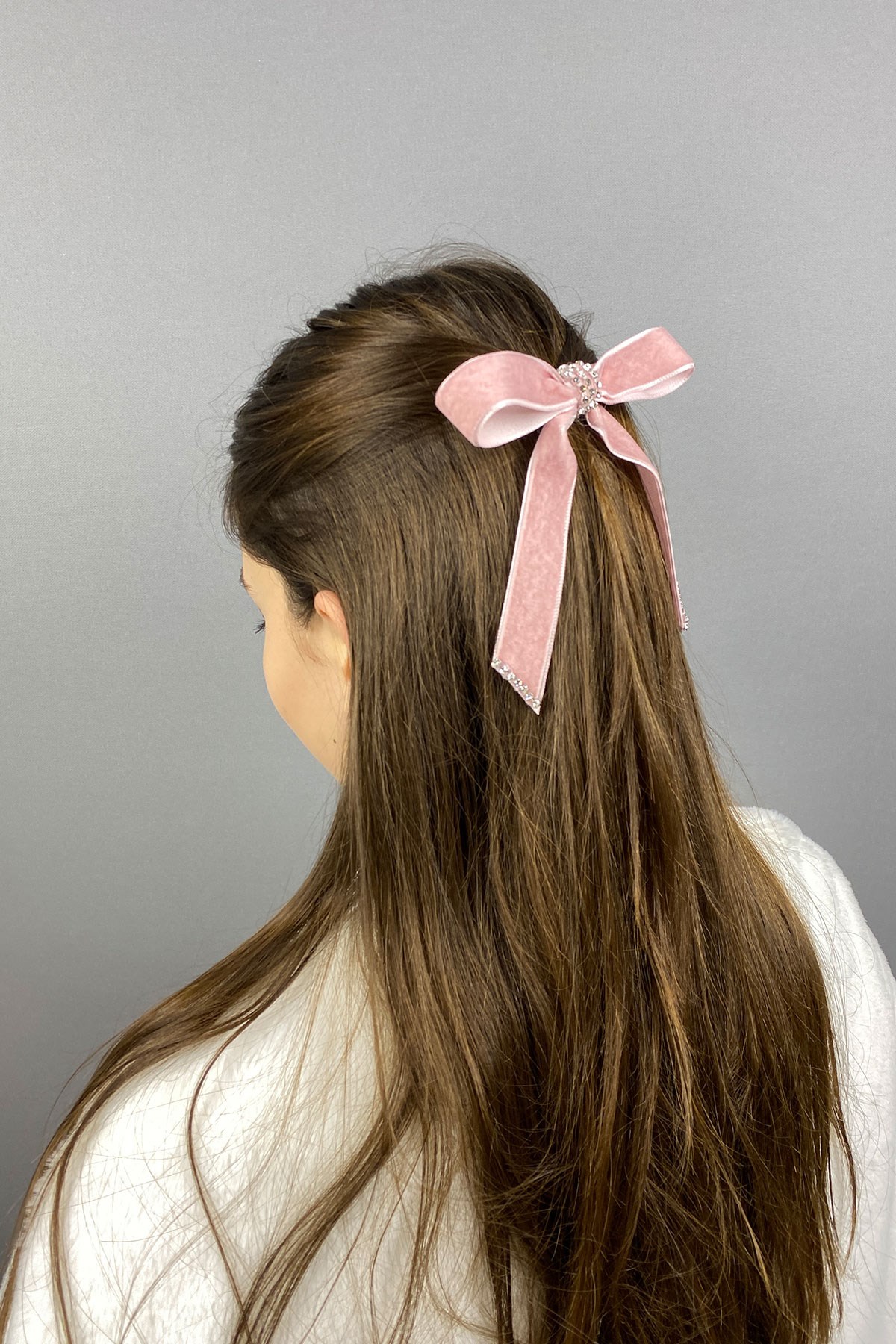 Kadife Kurdeleli Taşlı Fiyonklu Saç Tokası