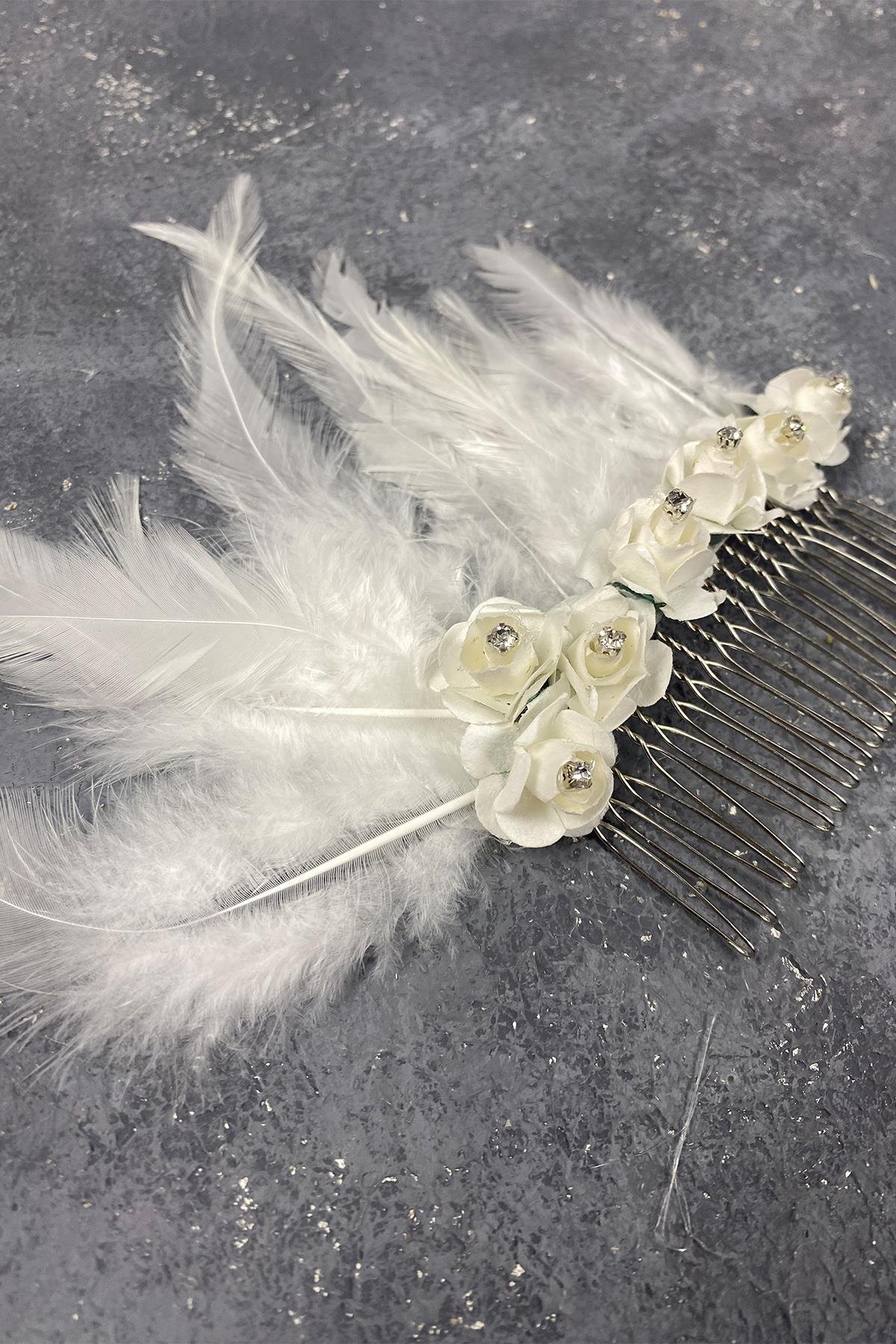 Kagıt Güllü Ve Tüylü Taraklı Dış Çekim Gelin Saç Tokası