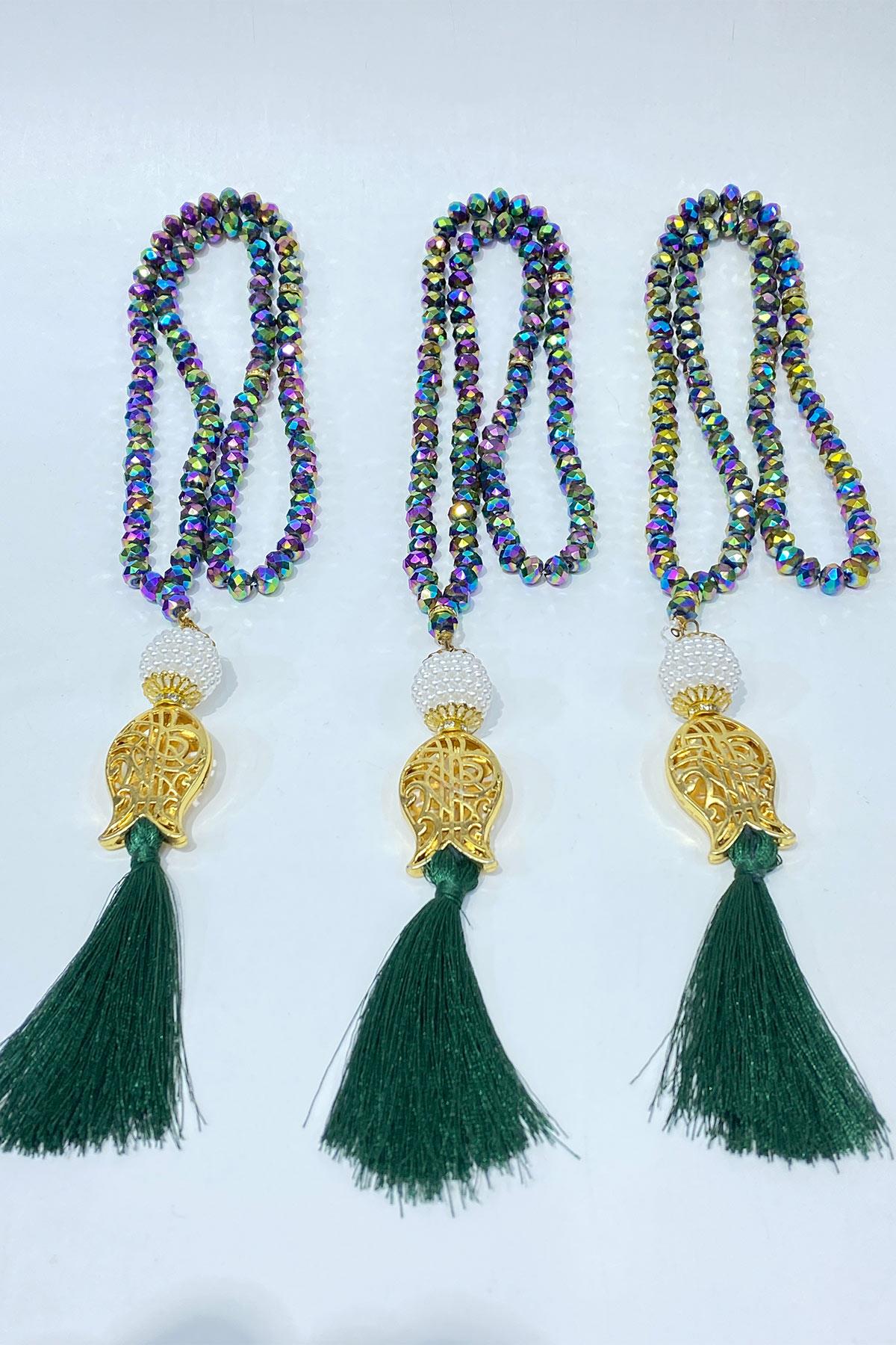 Kaplama Yeşil Hediyelik Laleli Püsküllü Kristal Boncuklu 99 Lu Namaz Tesbihi ( Mevlüt-sünnet-hac-umre)