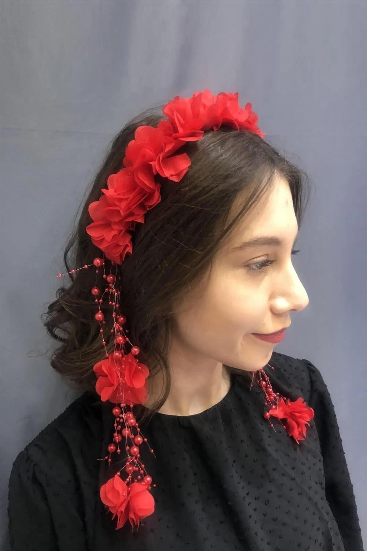 Kına Eğlence Tacı Kırmızı Lazer Çiçekli Taç