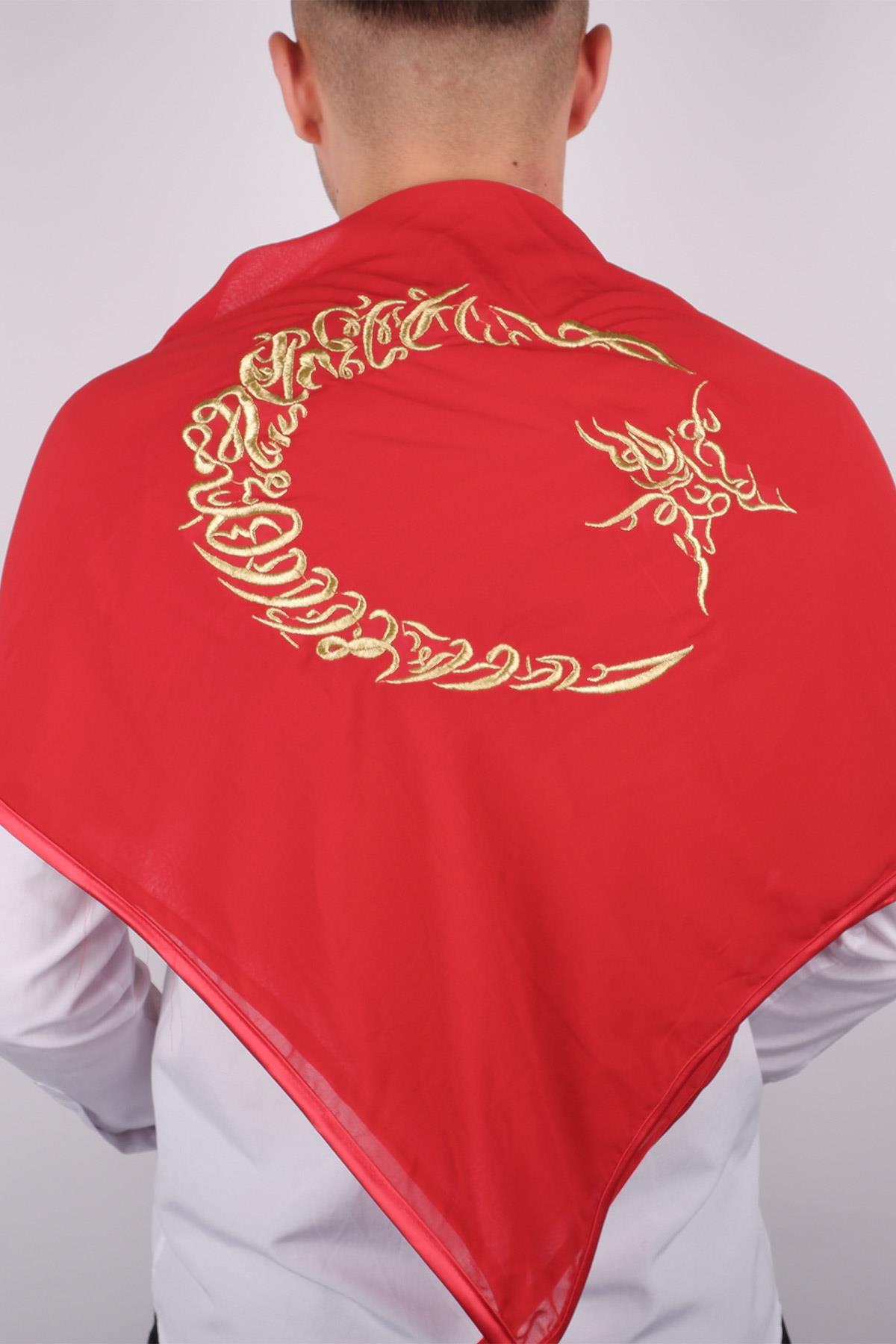 Kırmızı Ay Yıldız Gold Nakışlı Biyeli Damat Örtüsü