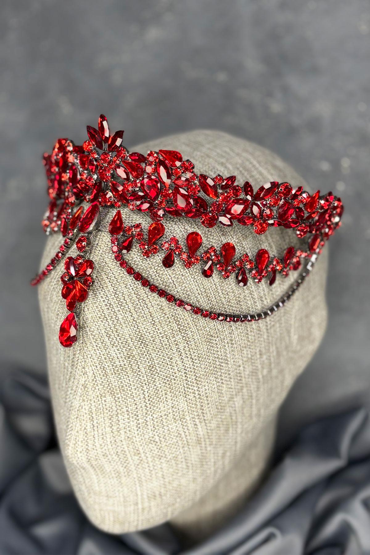 Kırmızı Dali Alınlık Sallantılı Gelin Kına Tacı Saç Aksesuarı