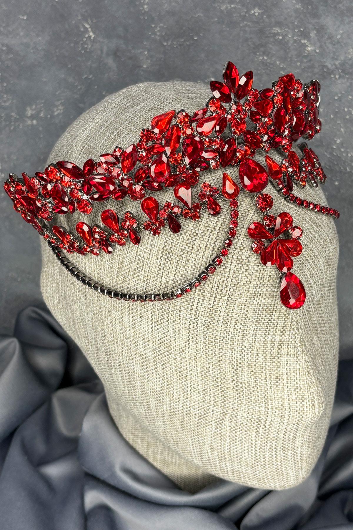 Kırmızı Dali Alınlık Sallantılı Gelin Kına Tacı Saç Aksesuarı