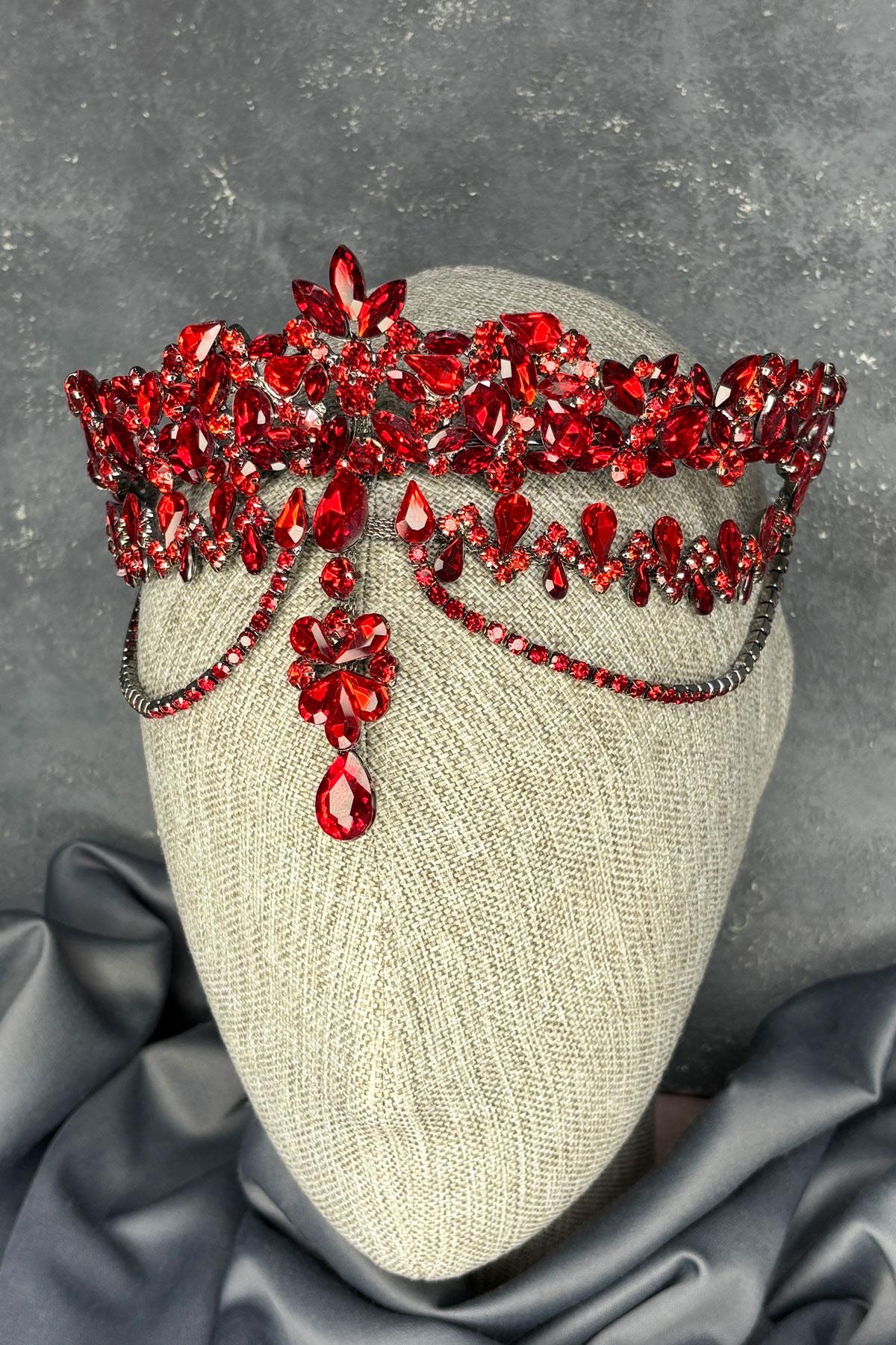 Kırmızı Dali Alınlık Sallantılı Gelin Kına Tacı Saç Aksesuarı