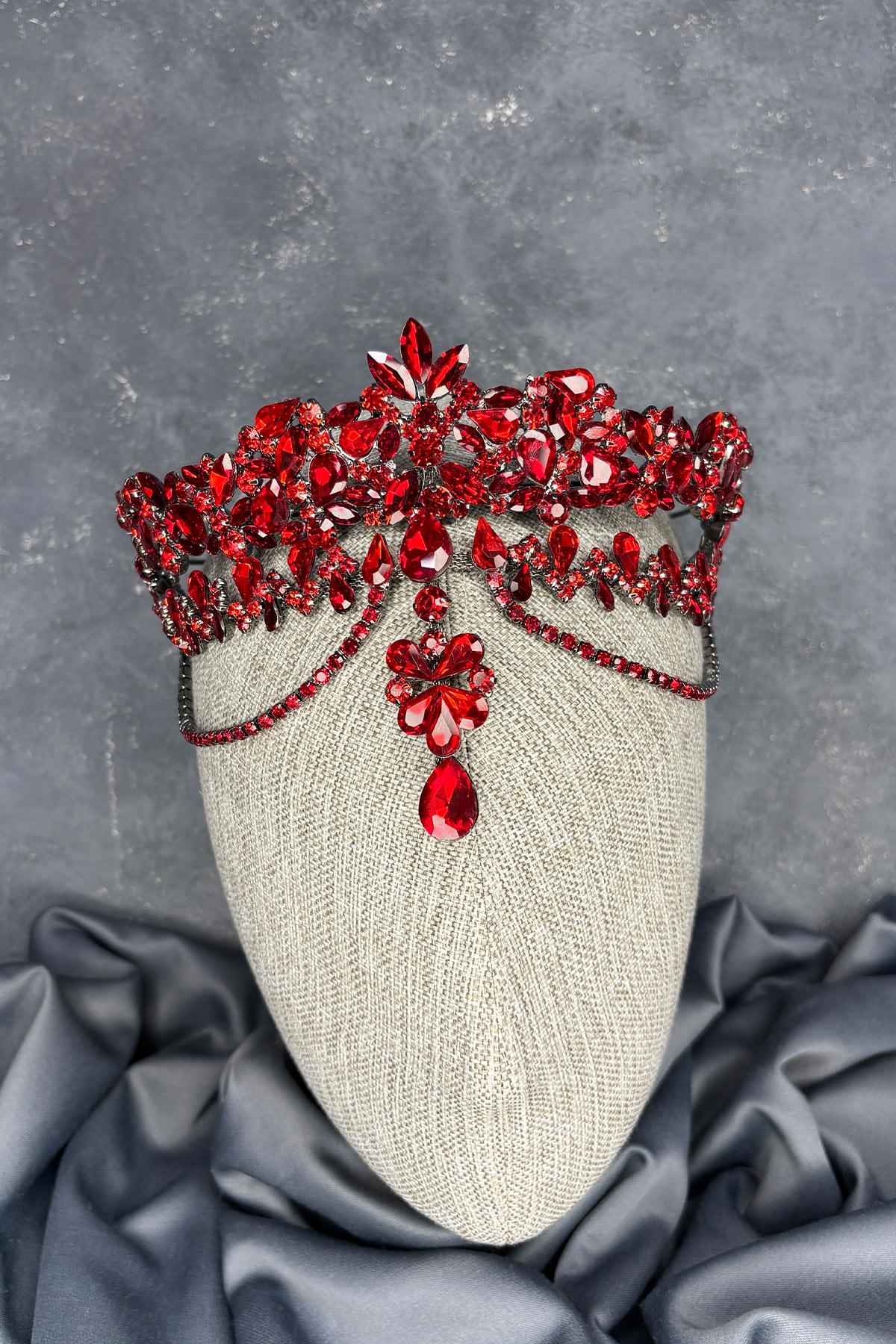 Kırmızı Dali Alınlık Sallantılı Gelin Kına Tacı Saç Aksesuarı