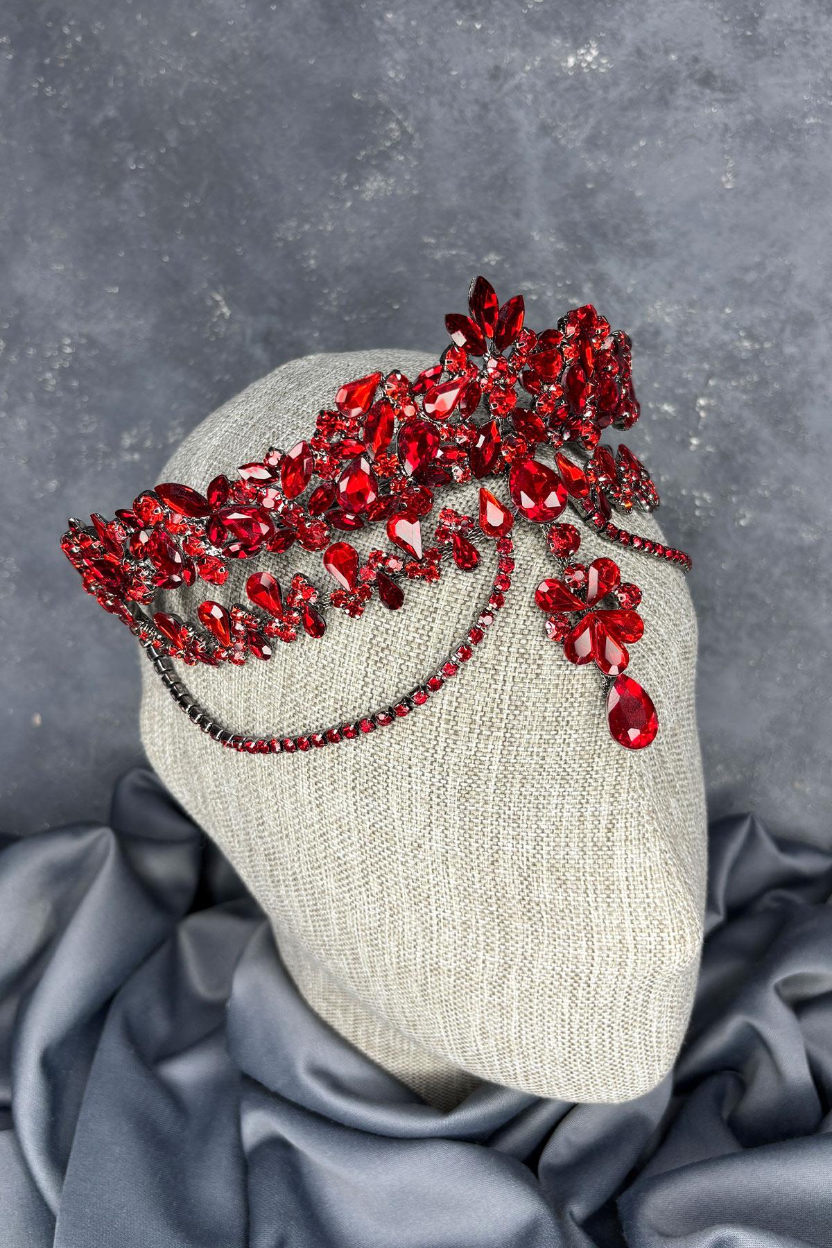 Kırmızı Dali Alınlık Sallantılı Gelin Kına Tacı Saç Aksesuarı