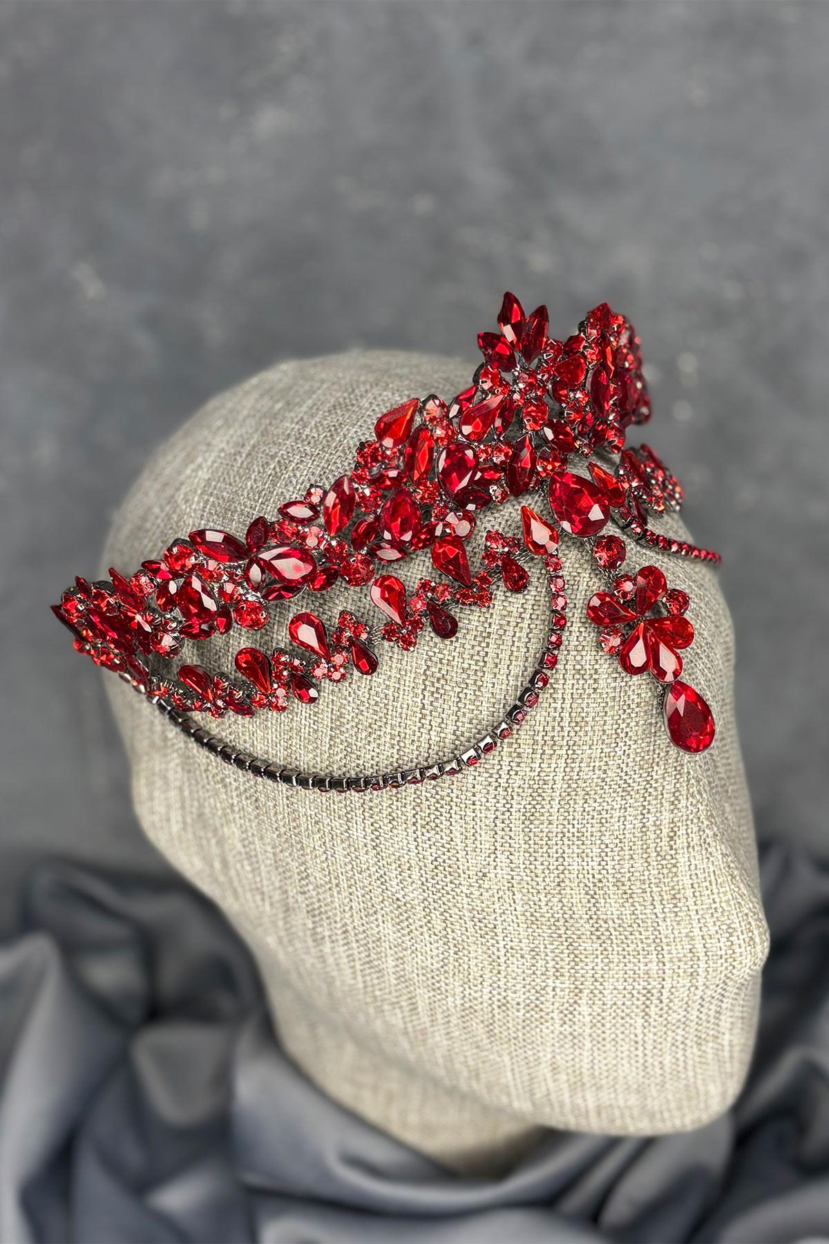 Kırmızı Dali Alınlık Sallantılı Gelin Kına Tacı Saç Aksesuarı