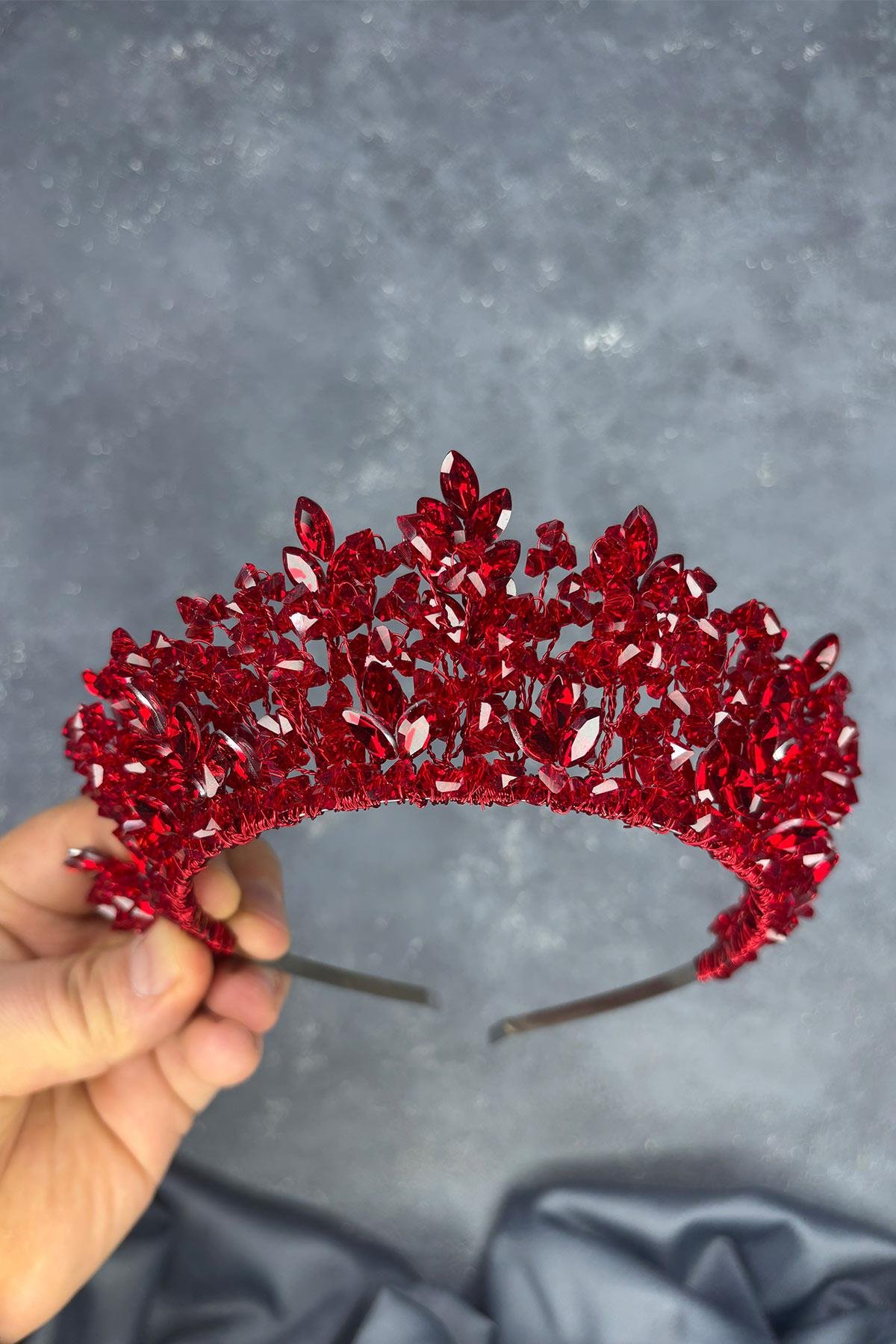 Kırmızı Doğa Boncuklu Gelin Kına Tacı Gelin Saç Aksesuarı