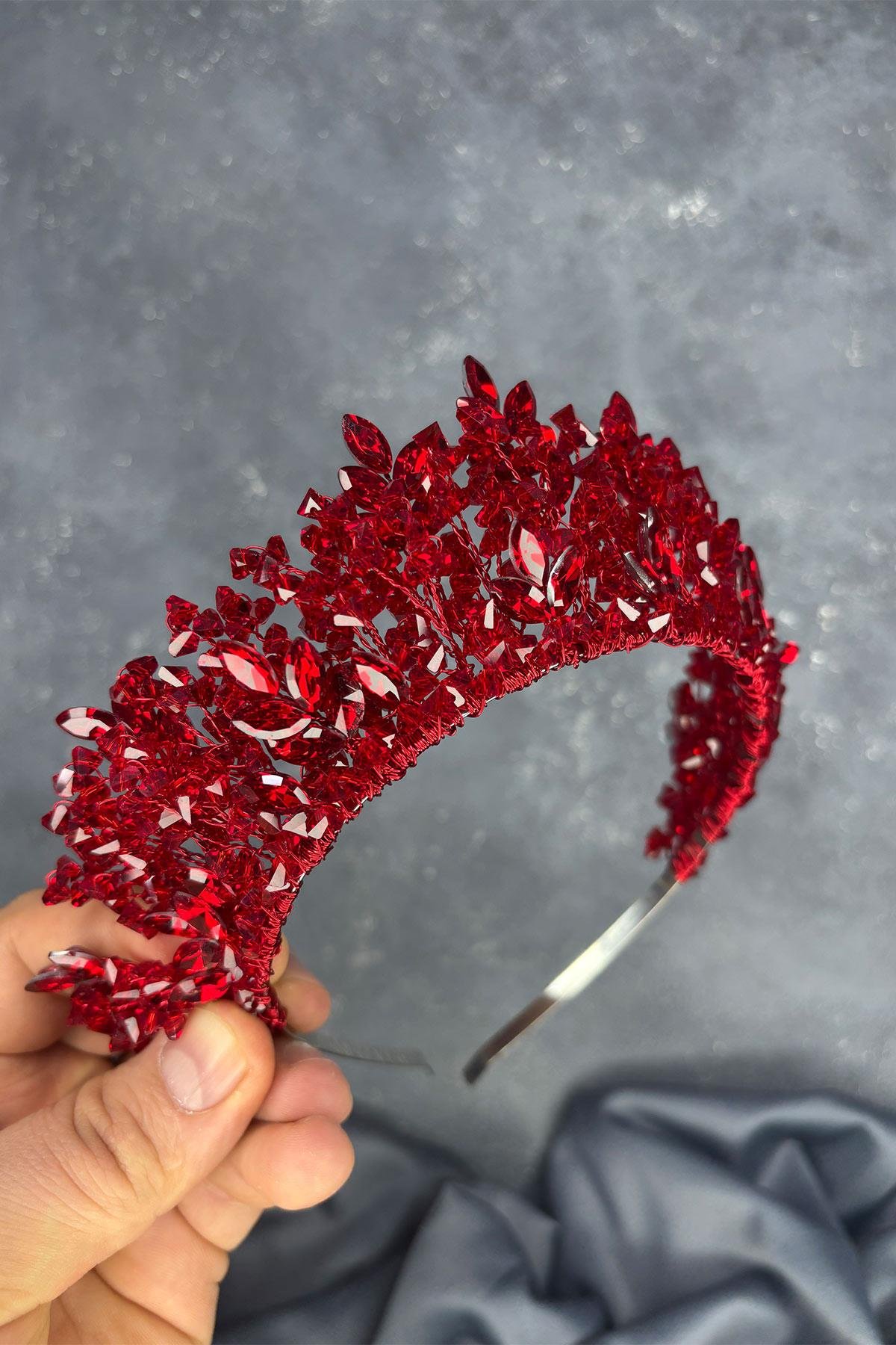 Kırmızı Doğa Boncuklu Gelin Kına Tacı Gelin Saç Aksesuarı