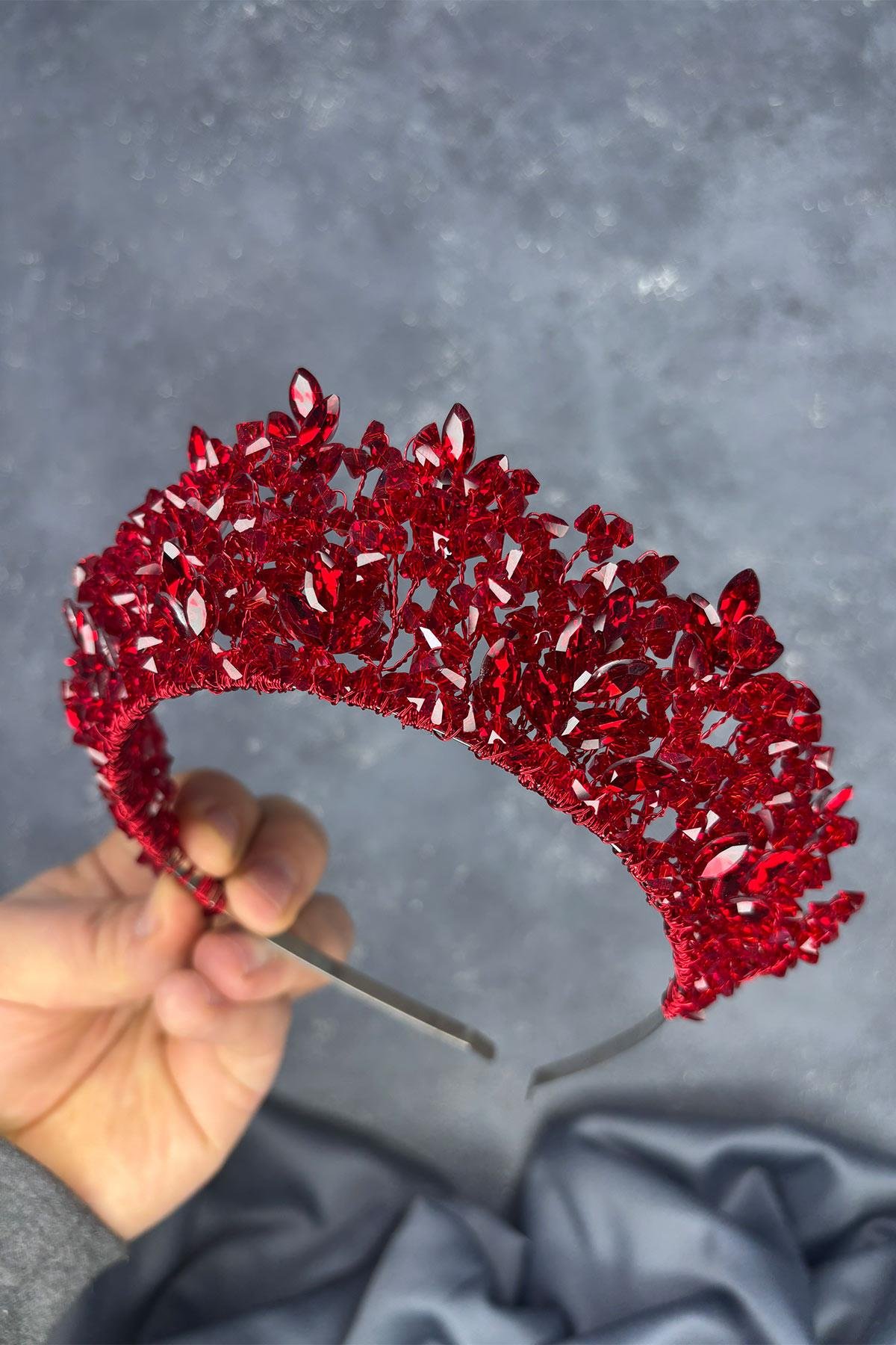 Kırmızı Doğa Boncuklu Gelin Kına Tacı Gelin Saç Aksesuarı