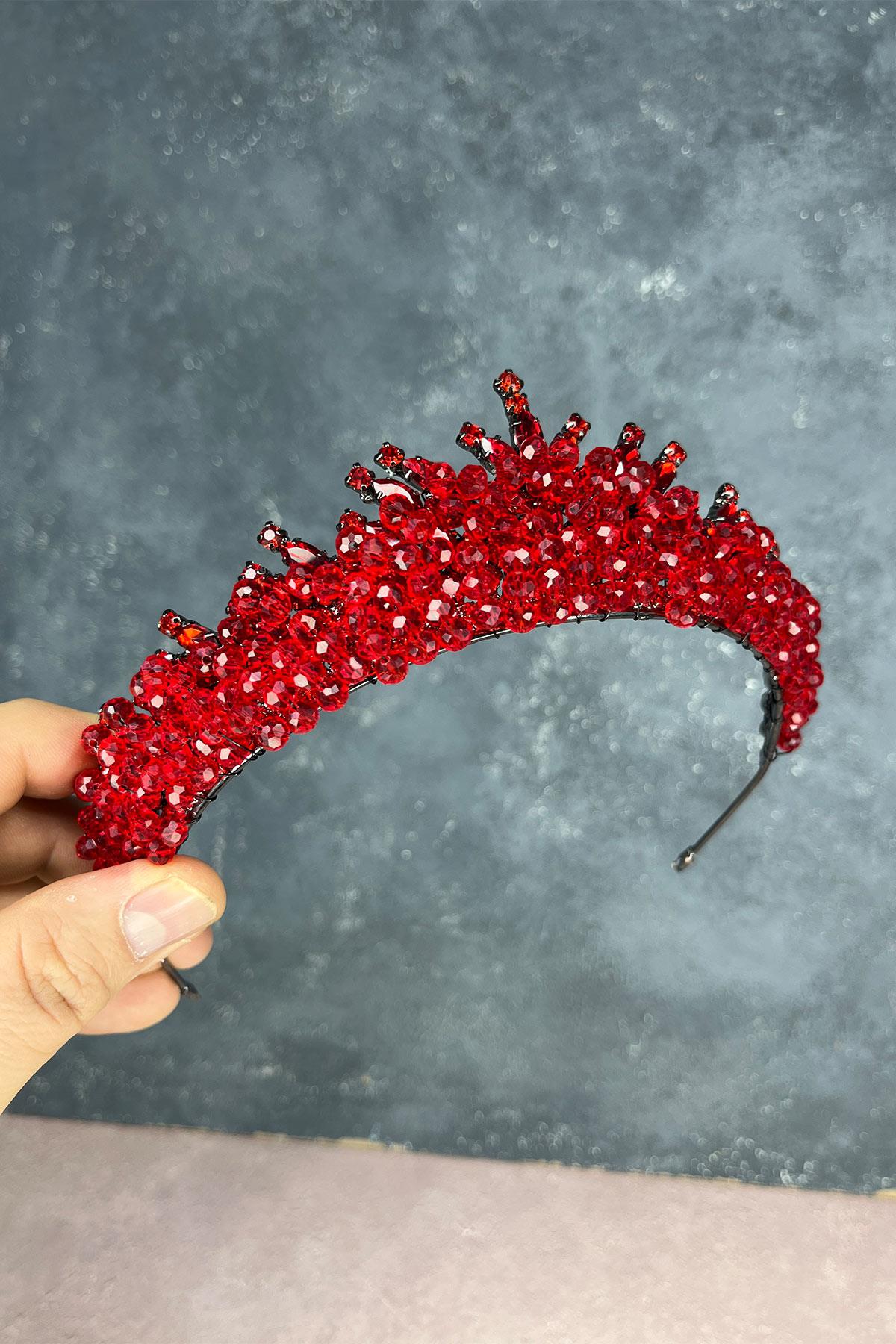 Kırmızı Edis Boncuk İşlemeli Gelin Kına Tacı