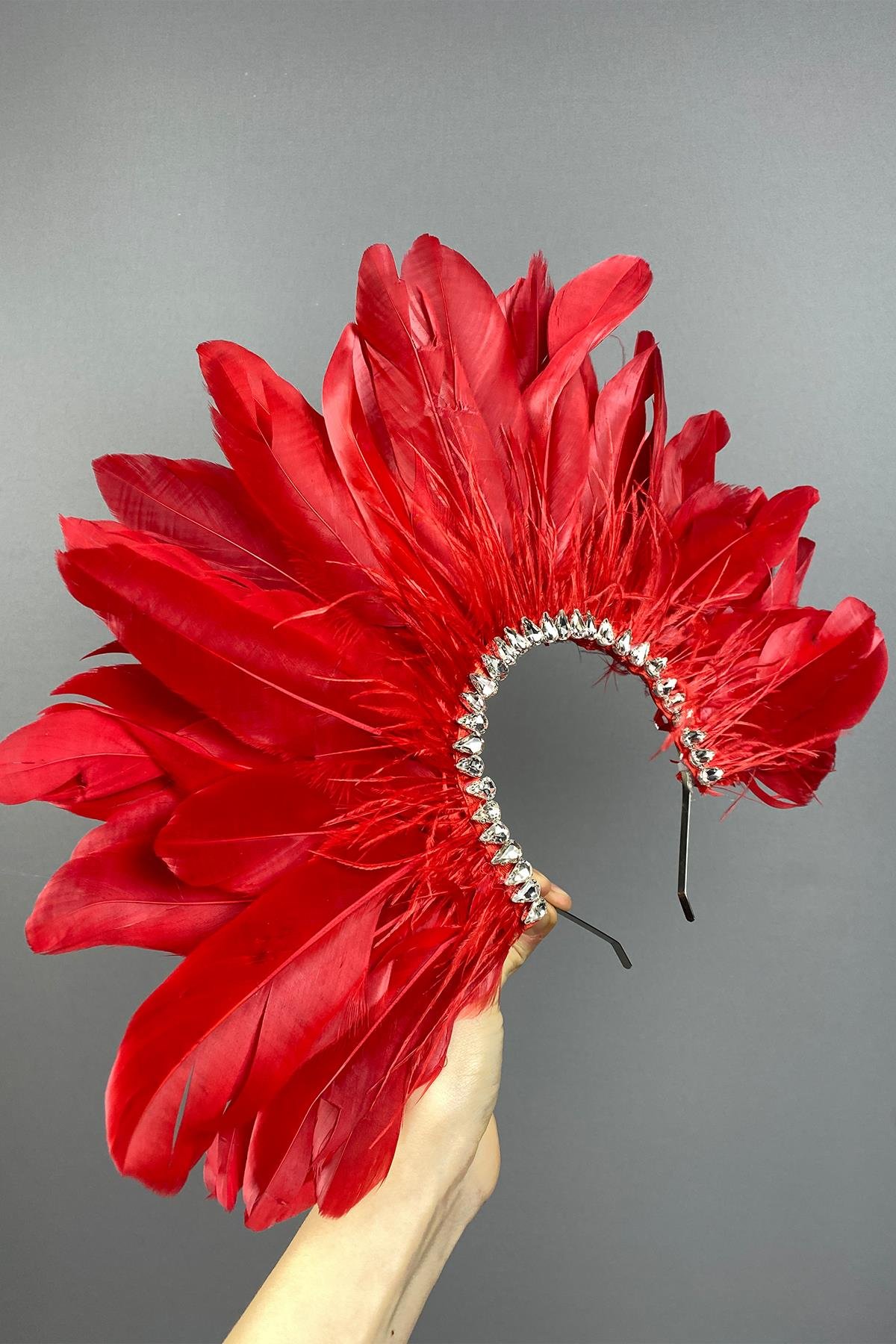 Kırmızı Enda Tüylü Taşlı Gelin Kına Tacı Aksesuar