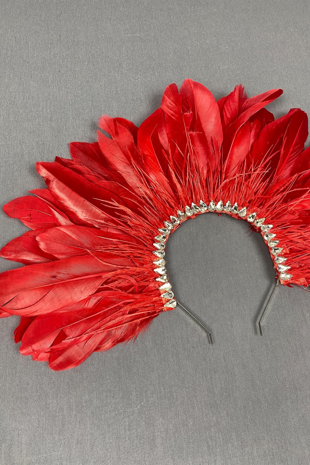 Kırmızı Enda Tüylü Taşlı Gelin Kına Tacı Aksesuar