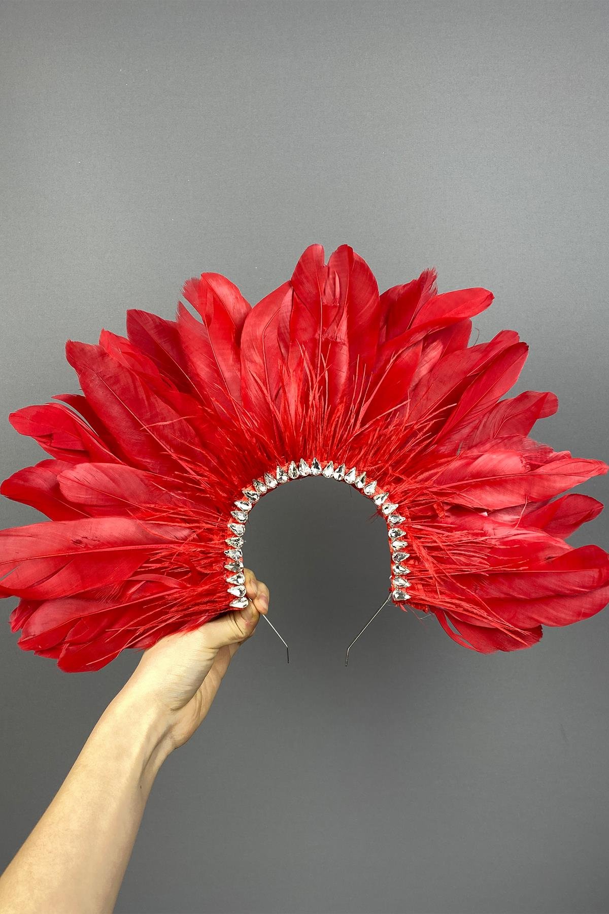 Kırmızı Enda Tüylü Taşlı Gelin Kına Tacı Aksesuar