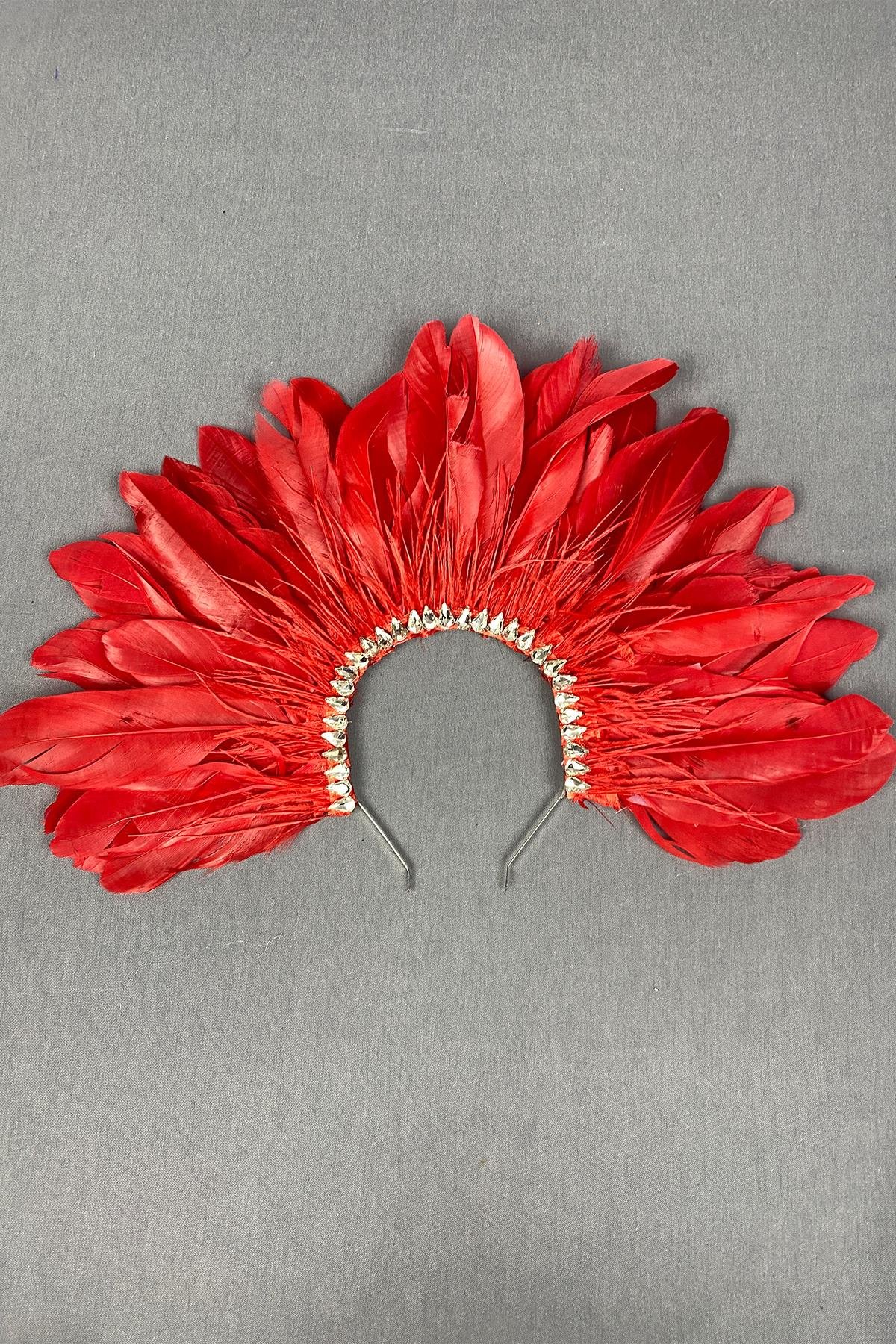 Kırmızı Enda Tüylü Taşlı Gelin Kına Tacı Aksesuar