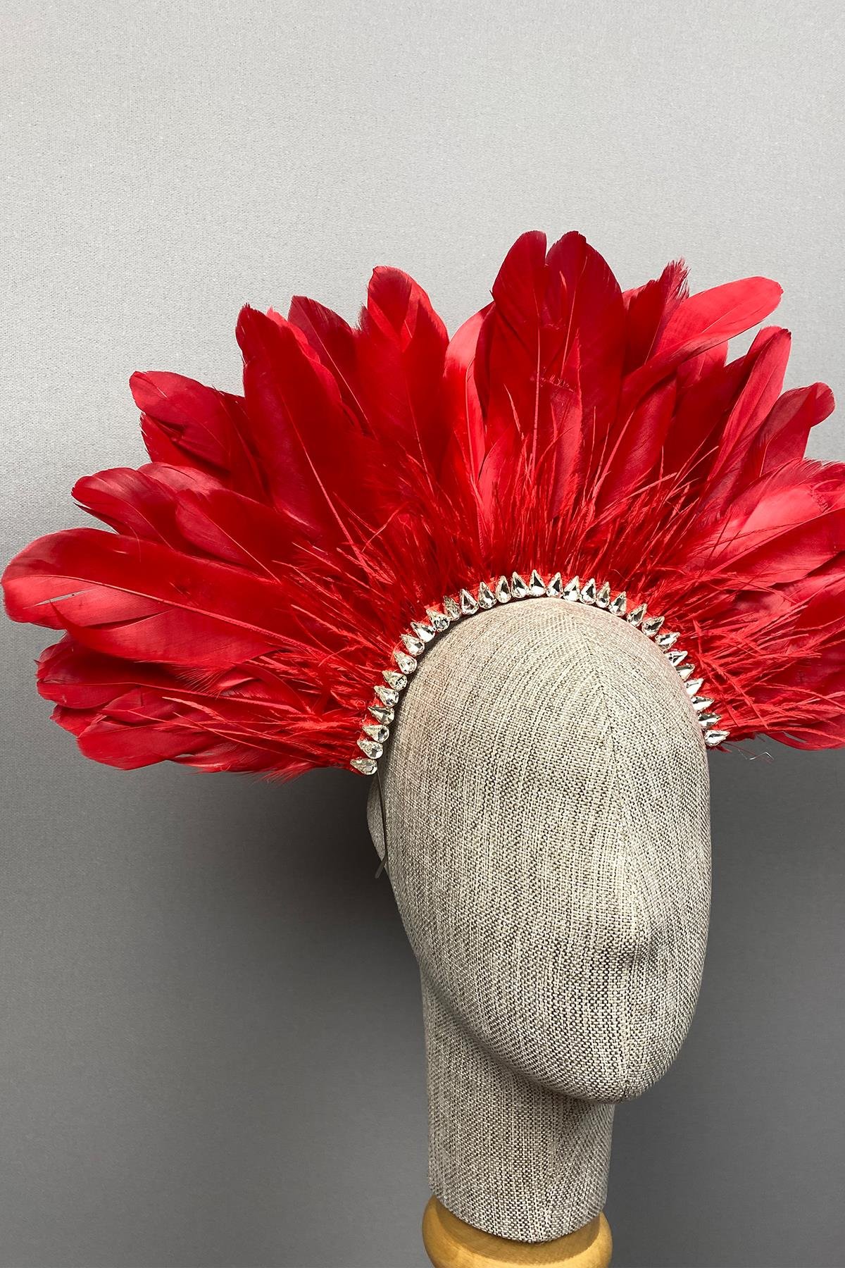 Kırmızı Enda Tüylü Taşlı Gelin Kına Tacı Aksesuar