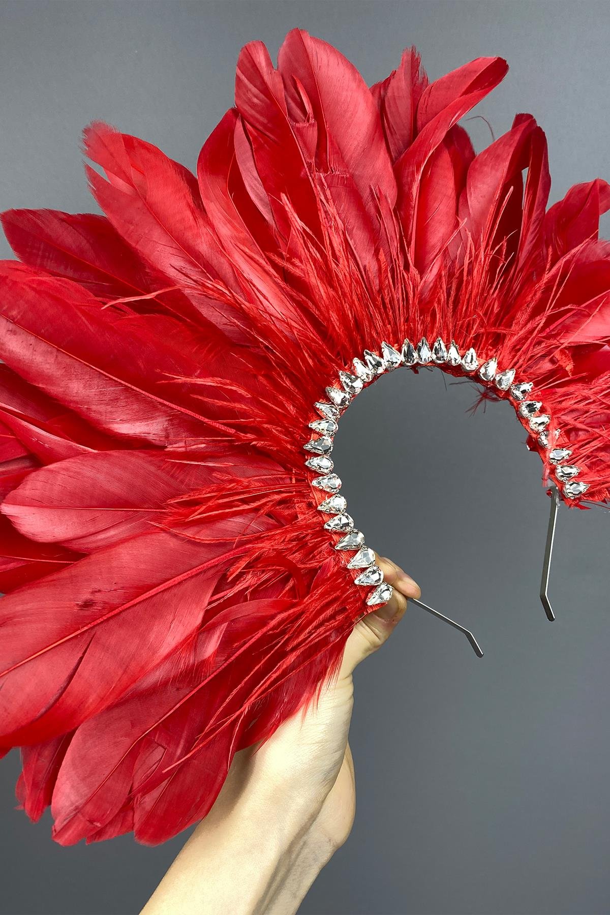 Kırmızı Enda Tüylü Taşlı Gelin Kına Tacı Aksesuar