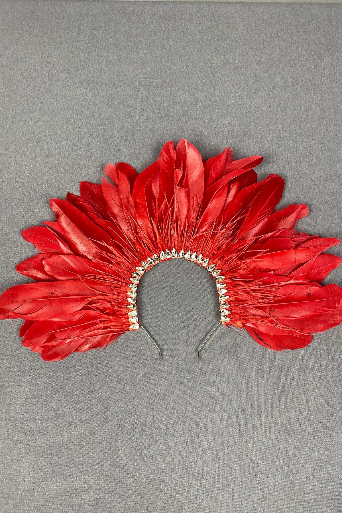 Kırmızı Enda Tüylü Taşlı Gelin Kına Tacı Aksesuar