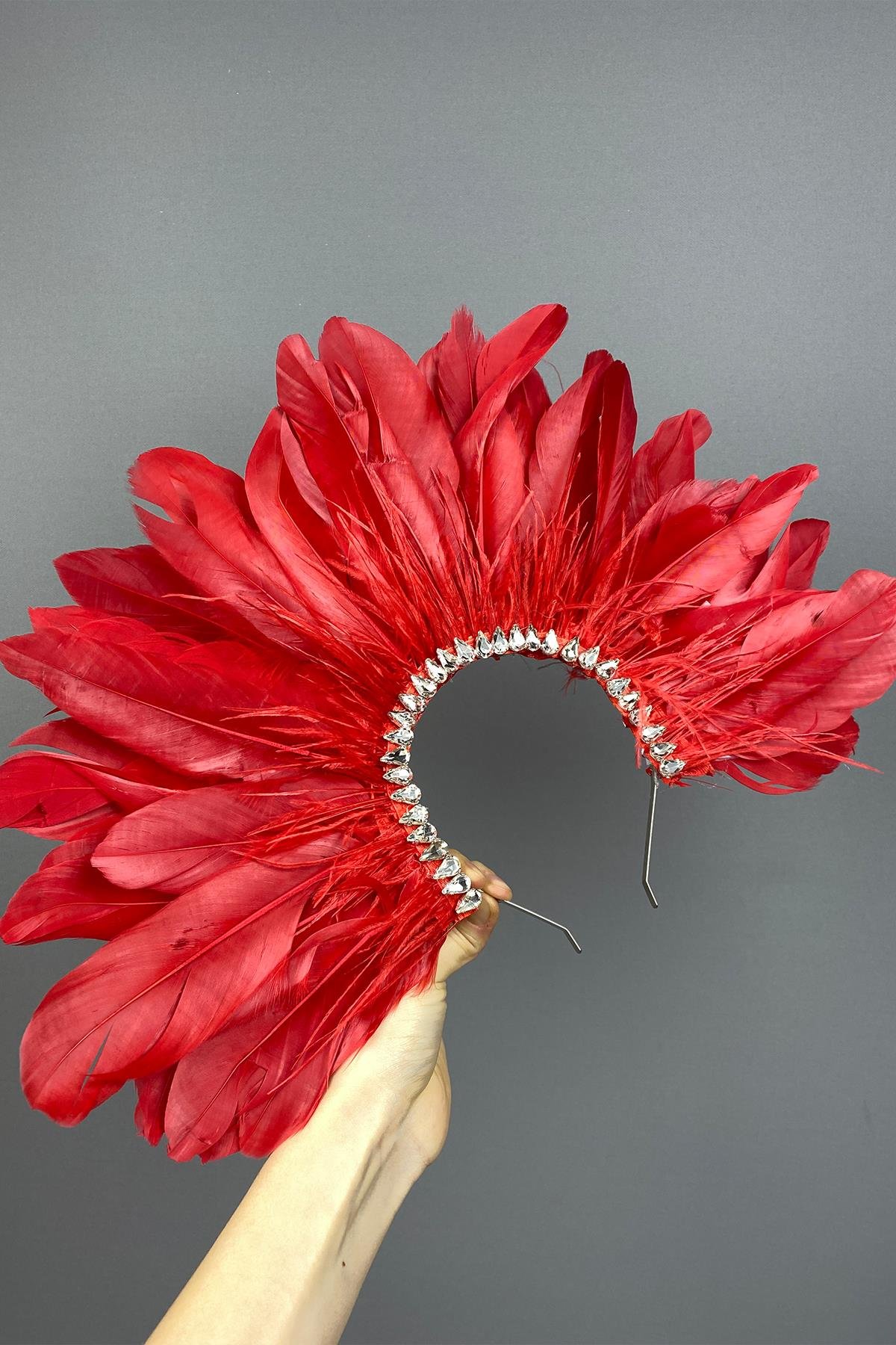 Kırmızı Enda Tüylü Taşlı Gelin Kına Tacı Aksesuar