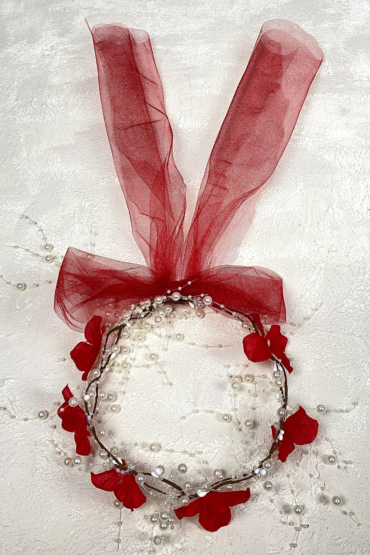 Kırmızı Fiyonklu Ortanca Çiçekli Özel Gelin Kına Tacı