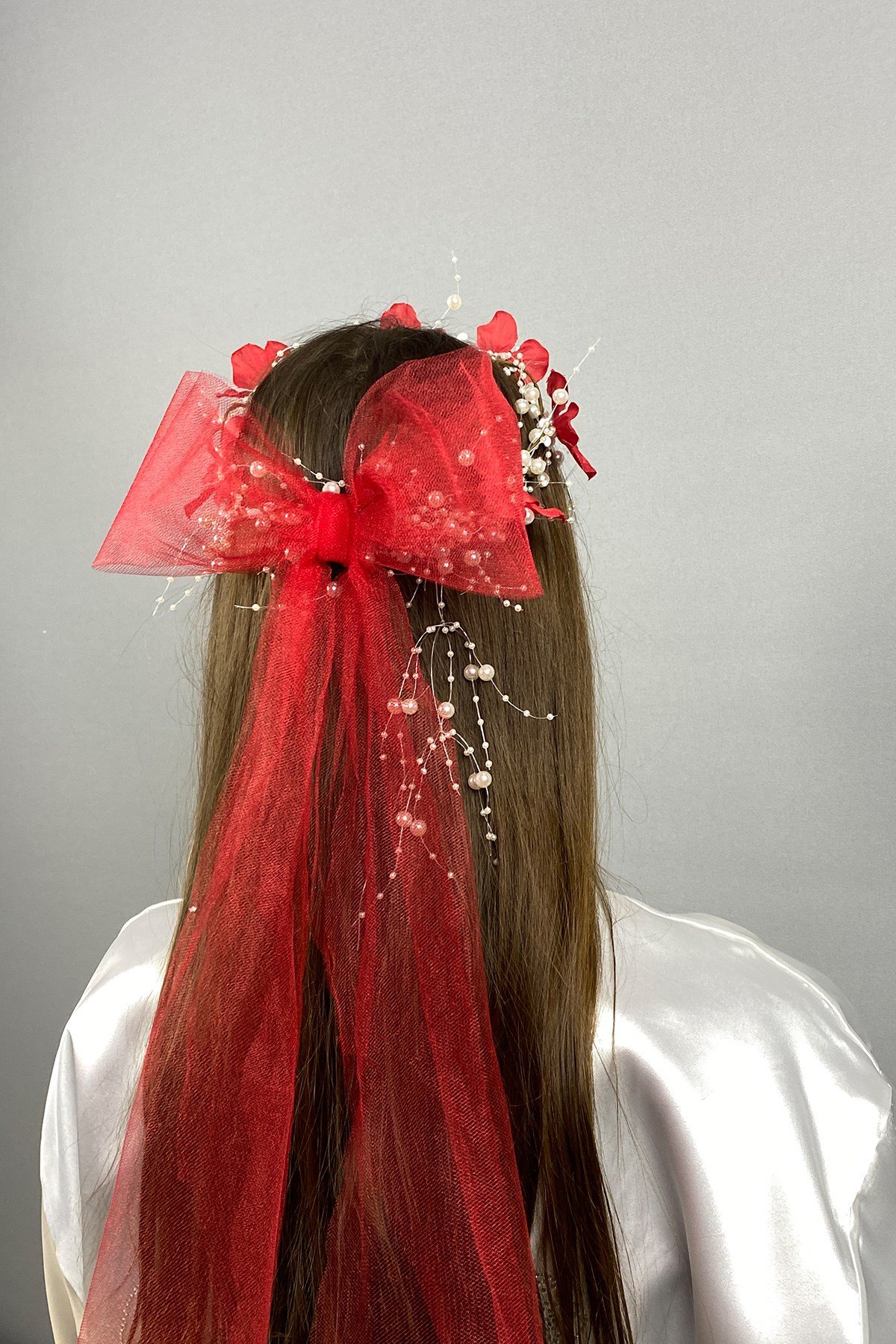 Kırmızı Fiyonklu Ortanca Çiçekli Özel Gelin Kına Tacı