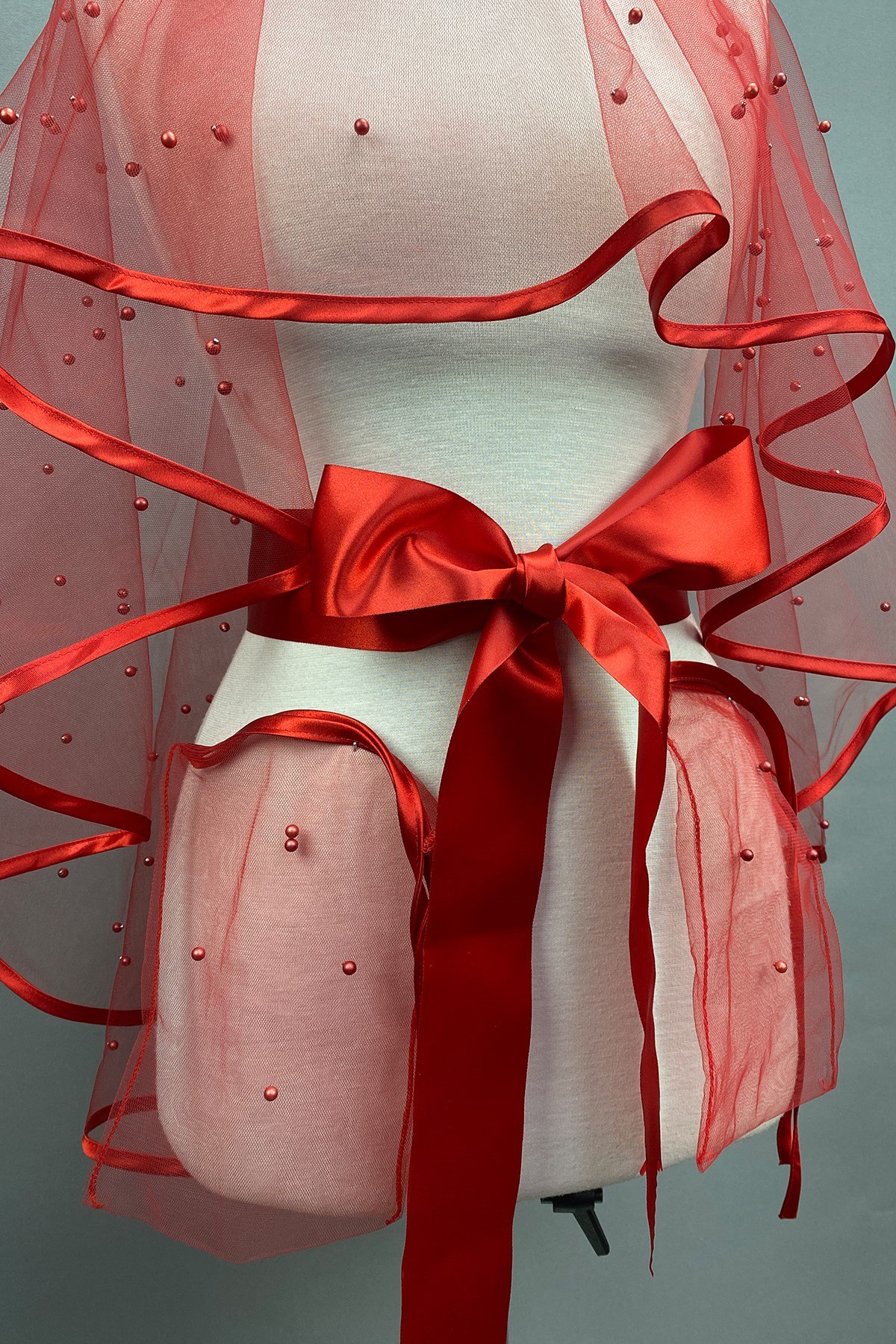 Kırmızı İncili Biyeli Gelin Duvağı Kına Yüz Örtüsü